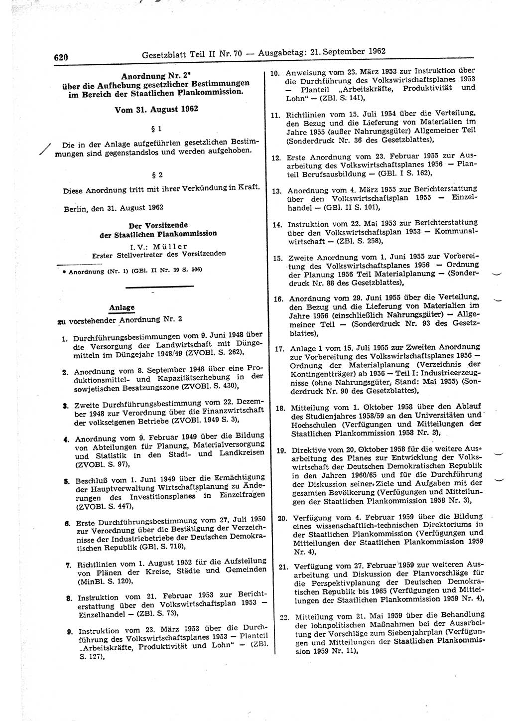 Gesetzblatt (GBl.) der Deutschen Demokratischen Republik (DDR) Teil ⅠⅠ 1962, Seite 620 (GBl. DDR ⅠⅠ 1962, S. 620)