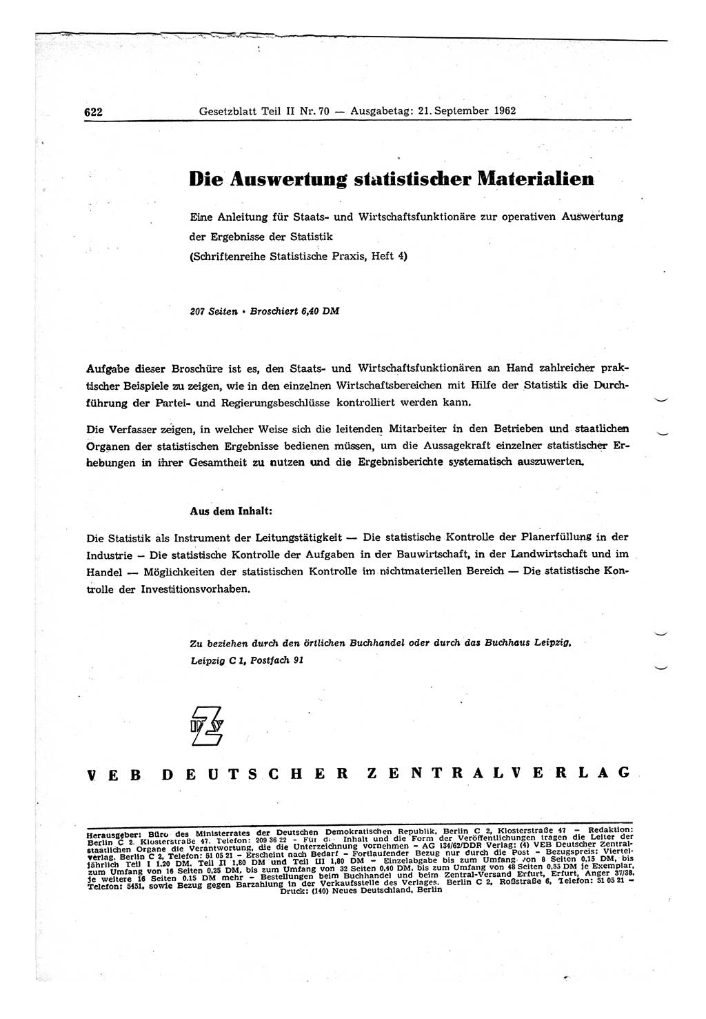 Gesetzblatt (GBl.) der Deutschen Demokratischen Republik (DDR) Teil ⅠⅠ 1962, Seite 622 (GBl. DDR ⅠⅠ 1962, S. 622)
