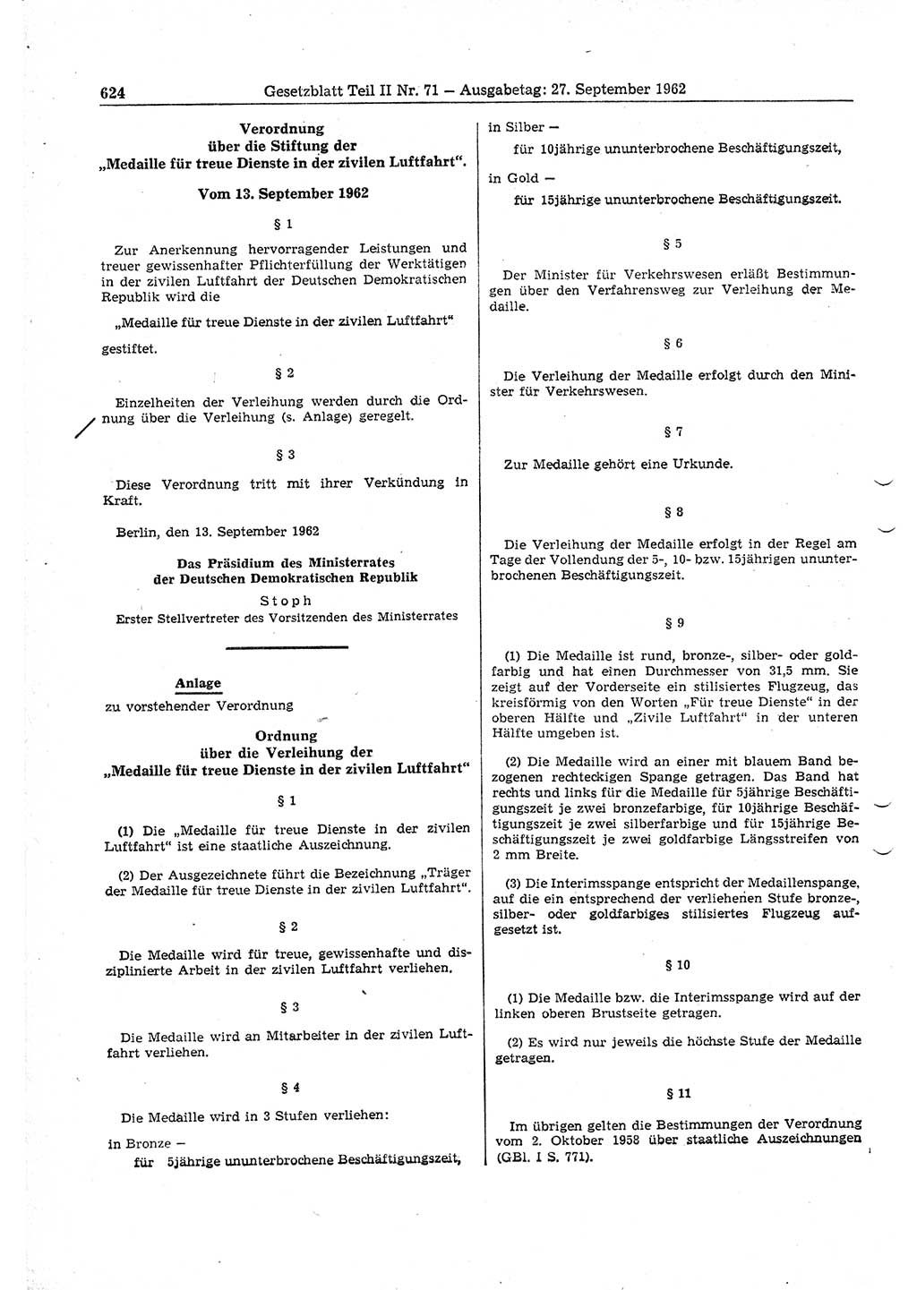 Gesetzblatt (GBl.) der Deutschen Demokratischen Republik (DDR) Teil ⅠⅠ 1962, Seite 624 (GBl. DDR ⅠⅠ 1962, S. 624)