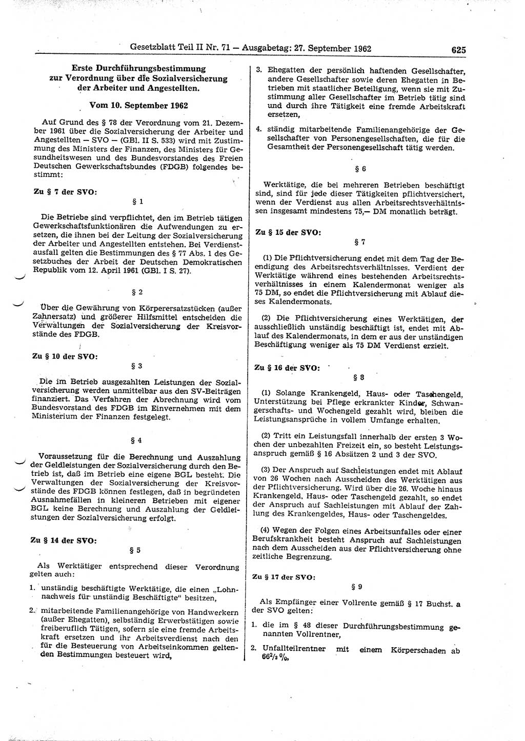Gesetzblatt (GBl.) der Deutschen Demokratischen Republik (DDR) Teil ⅠⅠ 1962, Seite 625 (GBl. DDR ⅠⅠ 1962, S. 625)