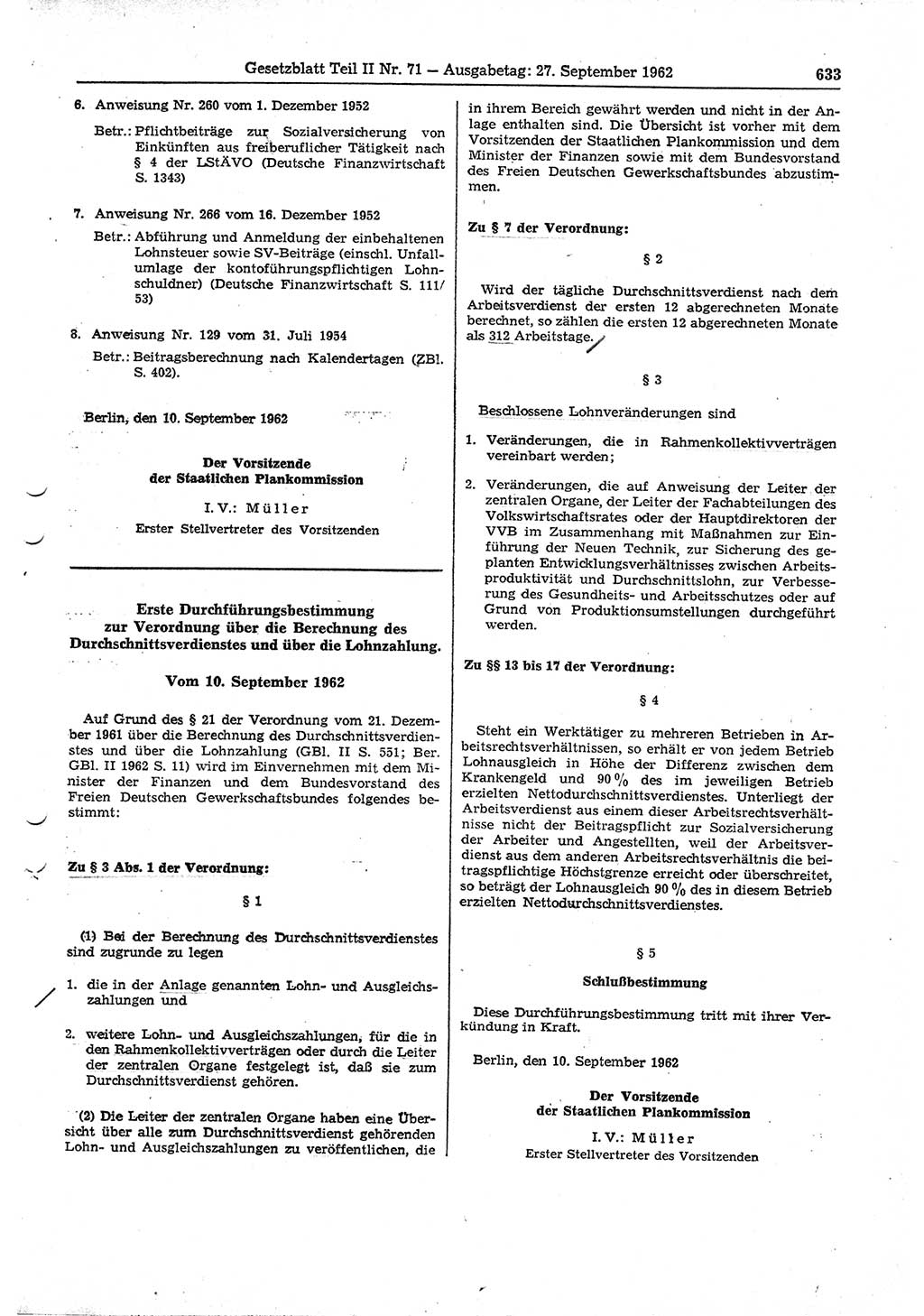 Gesetzblatt (GBl.) der Deutschen Demokratischen Republik (DDR) Teil ⅠⅠ 1962, Seite 633 (GBl. DDR ⅠⅠ 1962, S. 633)