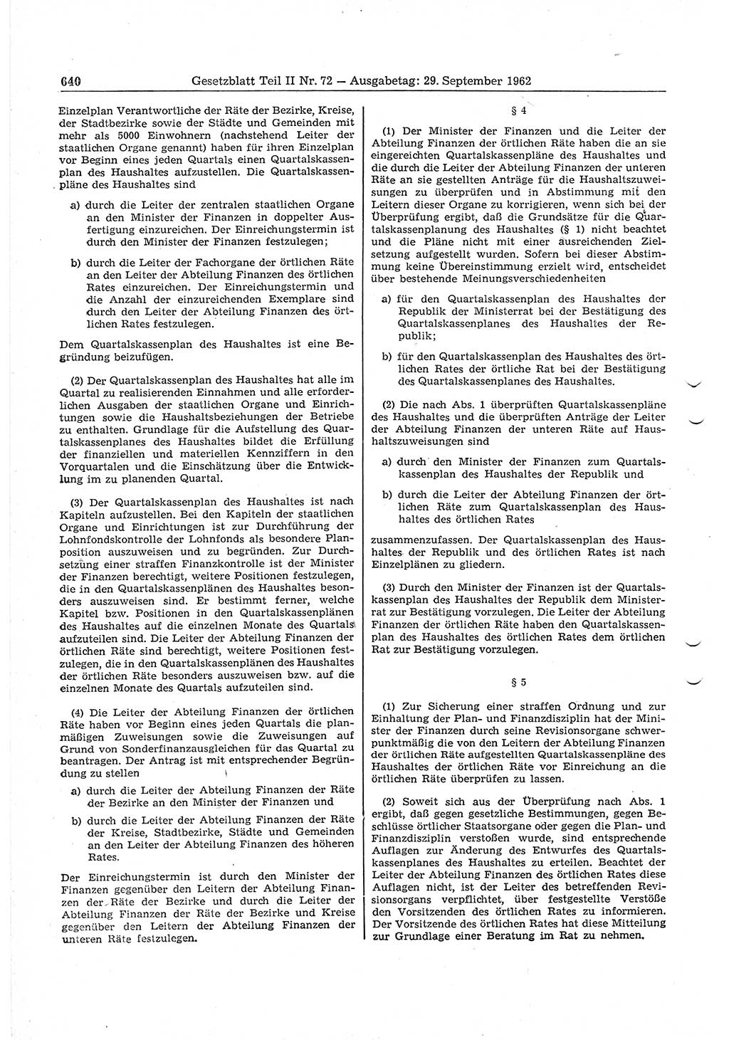 Gesetzblatt (GBl.) der Deutschen Demokratischen Republik (DDR) Teil ⅠⅠ 1962, Seite 640 (GBl. DDR ⅠⅠ 1962, S. 640)