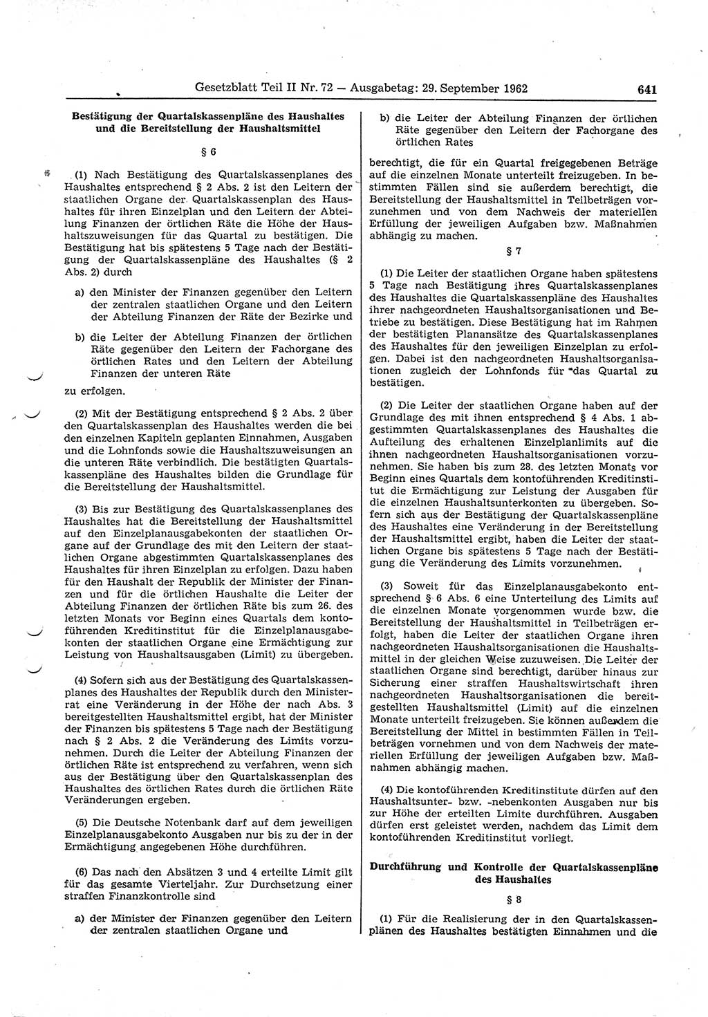 Gesetzblatt (GBl.) der Deutschen Demokratischen Republik (DDR) Teil ⅠⅠ 1962, Seite 641 (GBl. DDR ⅠⅠ 1962, S. 641)