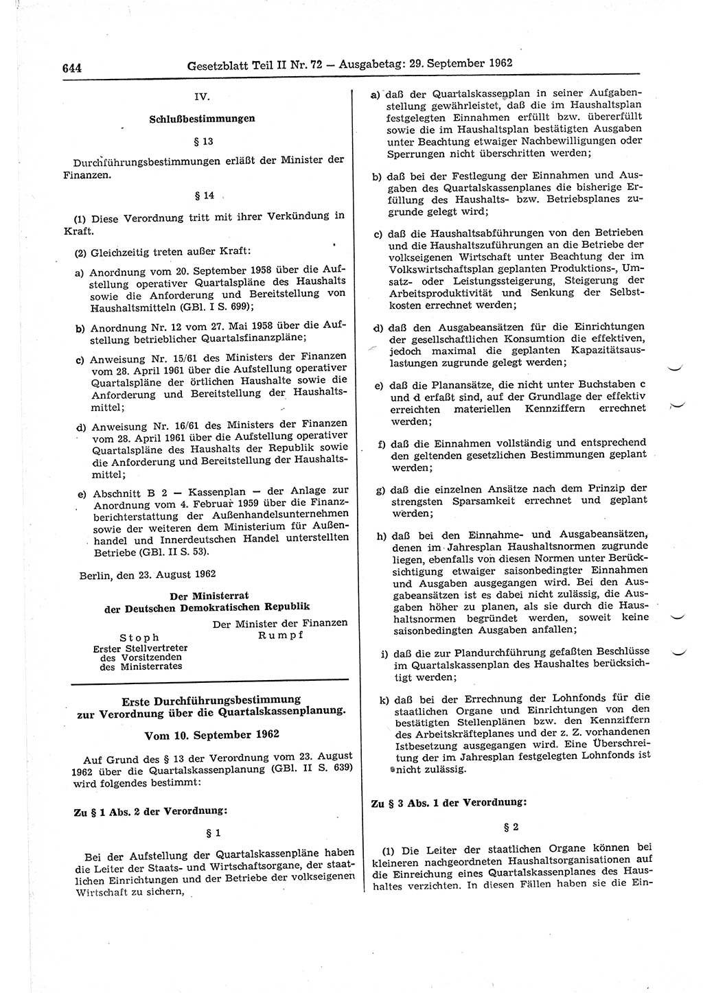 Gesetzblatt (GBl.) der Deutschen Demokratischen Republik (DDR) Teil ⅠⅠ 1962, Seite 644 (GBl. DDR ⅠⅠ 1962, S. 644)