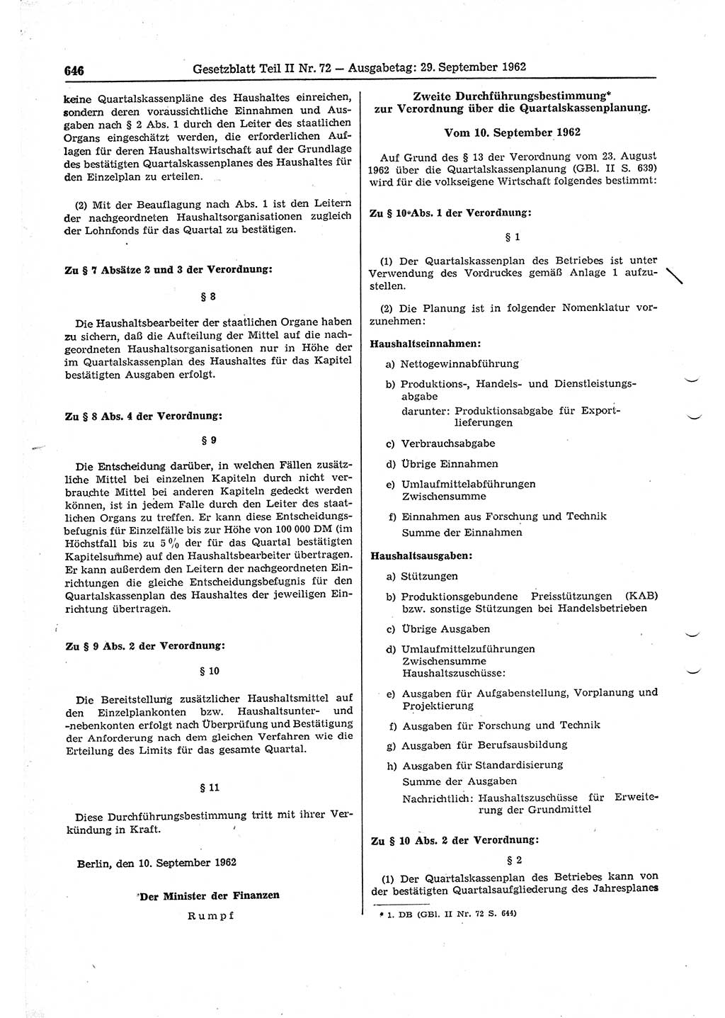 Gesetzblatt (GBl.) der Deutschen Demokratischen Republik (DDR) Teil ⅠⅠ 1962, Seite 646 (GBl. DDR ⅠⅠ 1962, S. 646)