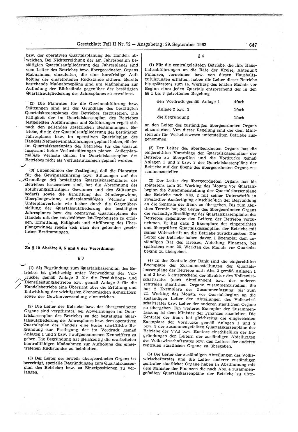 Gesetzblatt (GBl.) der Deutschen Demokratischen Republik (DDR) Teil ⅠⅠ 1962, Seite 647 (GBl. DDR ⅠⅠ 1962, S. 647)