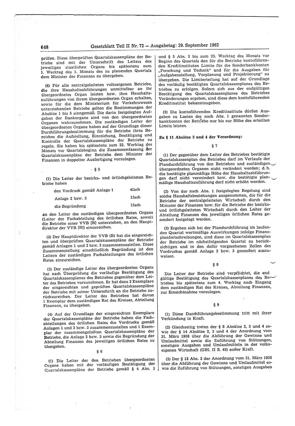 Gesetzblatt (GBl.) der Deutschen Demokratischen Republik (DDR) Teil ⅠⅠ 1962, Seite 648 (GBl. DDR ⅠⅠ 1962, S. 648)