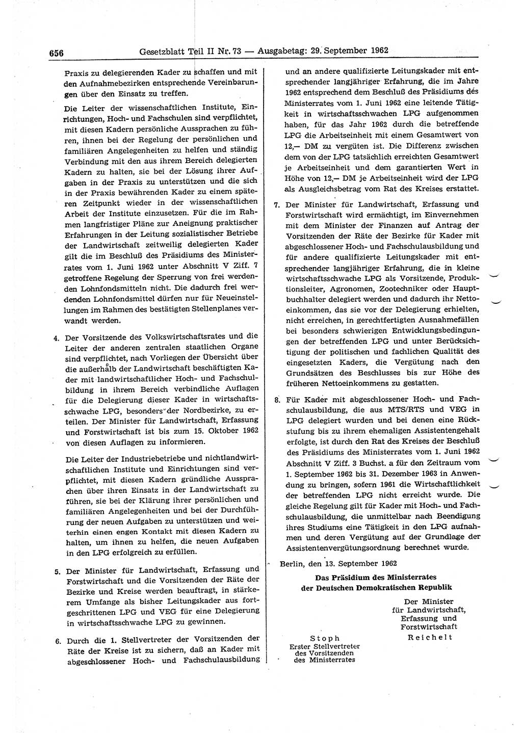 Gesetzblatt (GBl.) der Deutschen Demokratischen Republik (DDR) Teil ⅠⅠ 1962, Seite 656 (GBl. DDR ⅠⅠ 1962, S. 656)