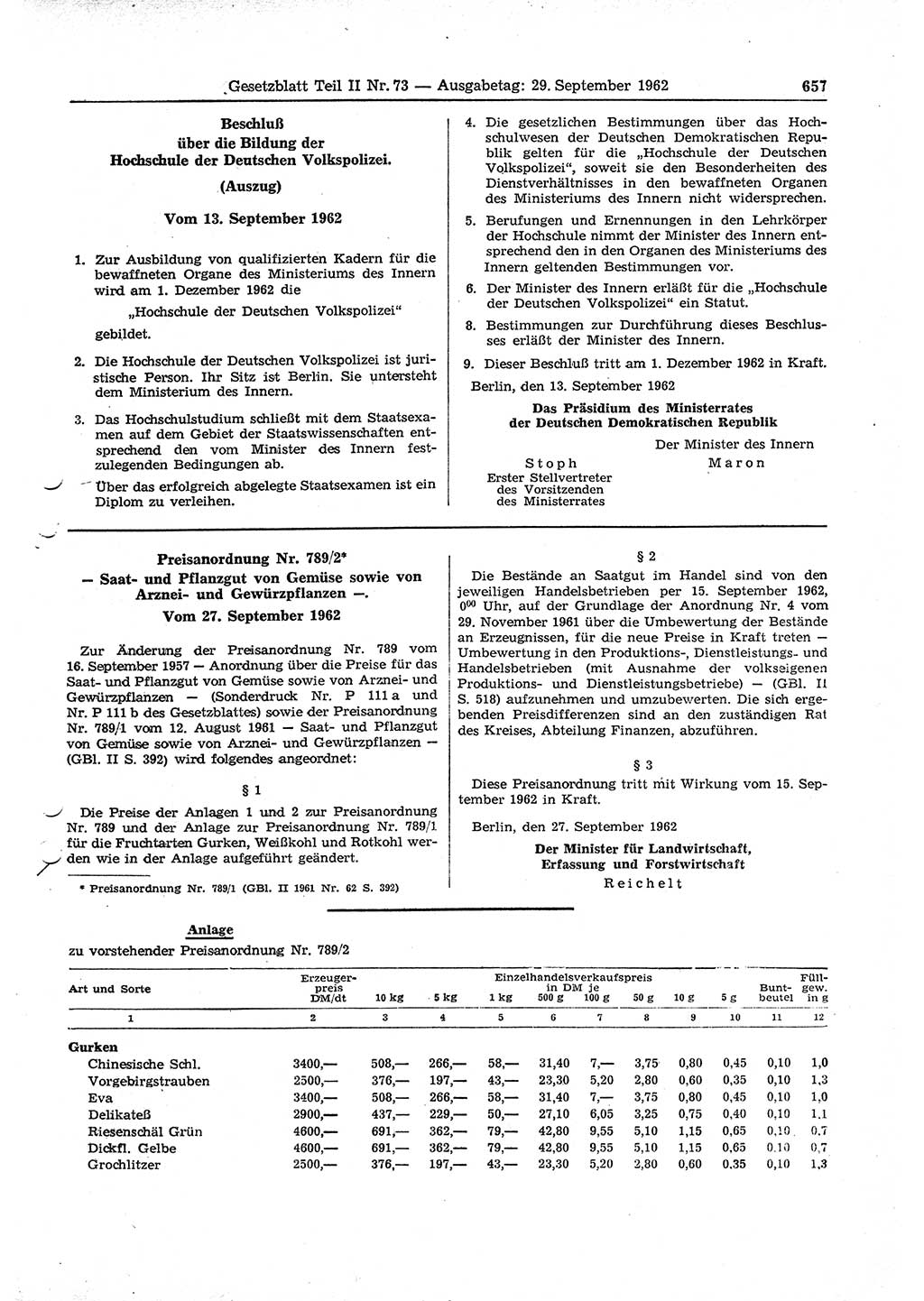 Gesetzblatt (GBl.) der Deutschen Demokratischen Republik (DDR) Teil ⅠⅠ 1962, Seite 657 (GBl. DDR ⅠⅠ 1962, S. 657)