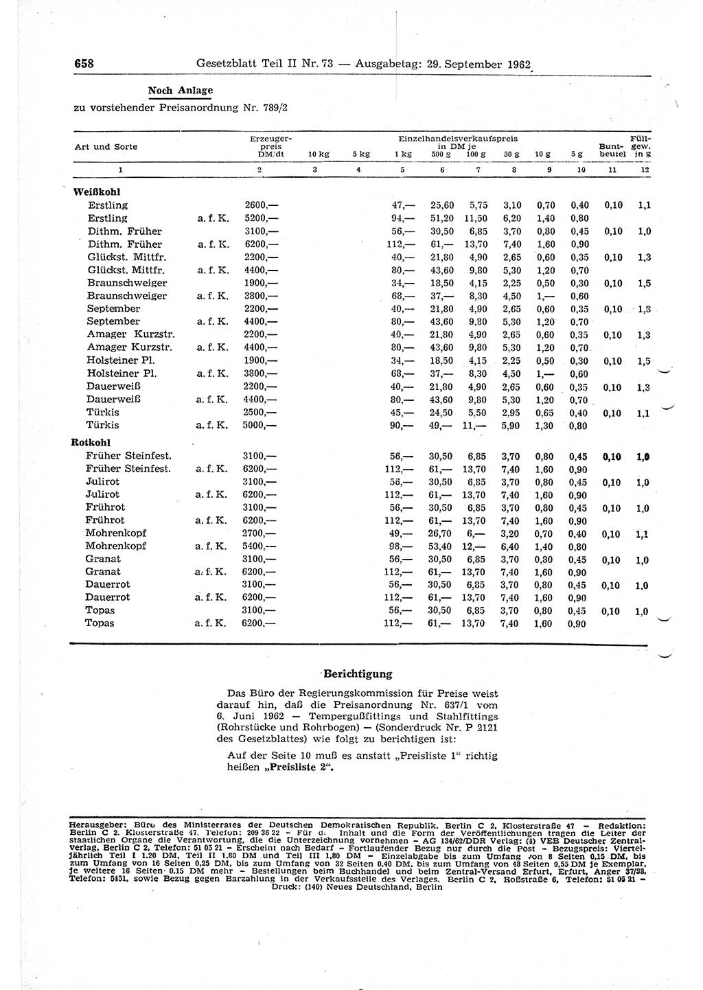 Gesetzblatt (GBl.) der Deutschen Demokratischen Republik (DDR) Teil ⅠⅠ 1962, Seite 658 (GBl. DDR ⅠⅠ 1962, S. 658)