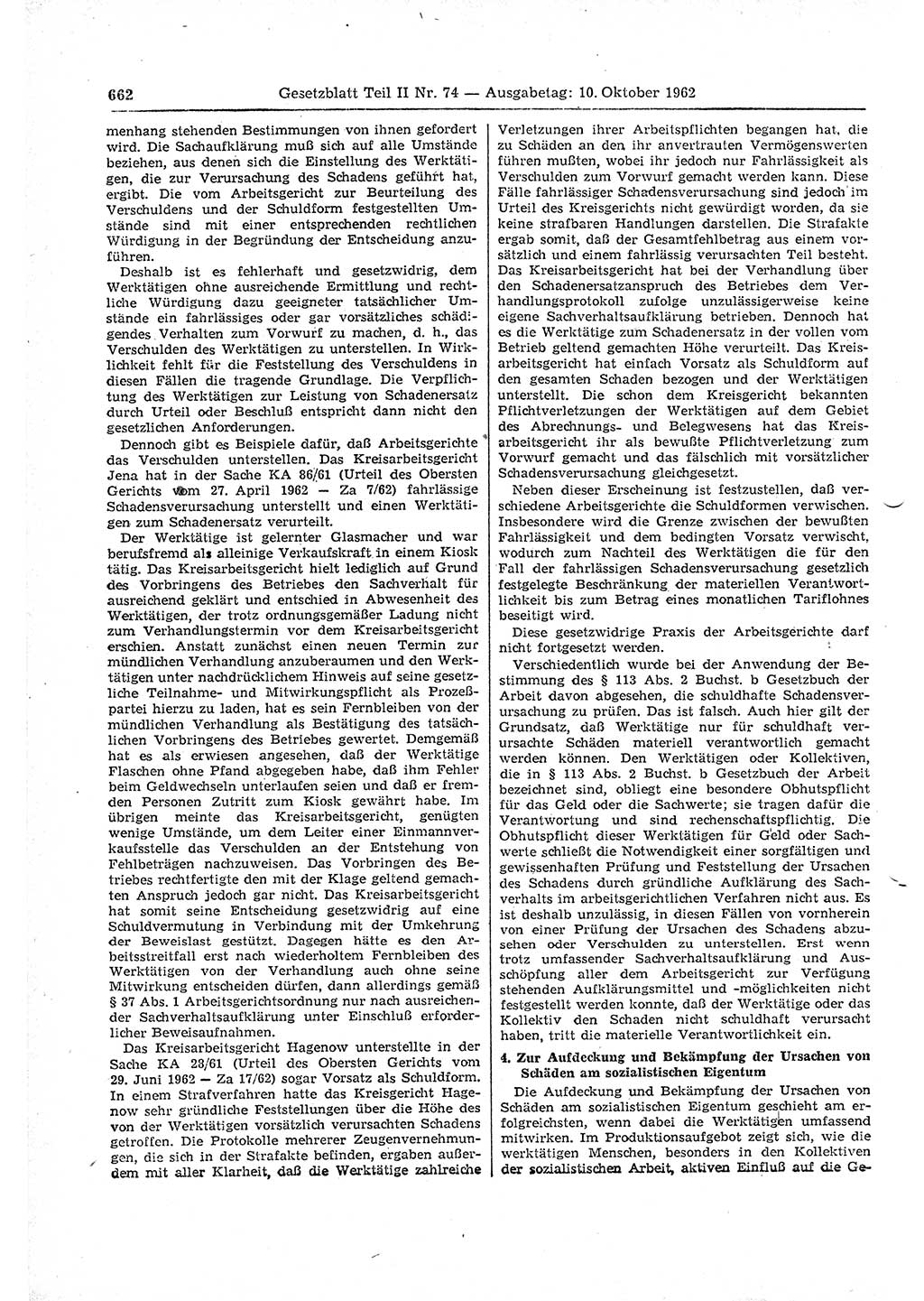 Gesetzblatt (GBl.) der Deutschen Demokratischen Republik (DDR) Teil ⅠⅠ 1962, Seite 662 (GBl. DDR ⅠⅠ 1962, S. 662)