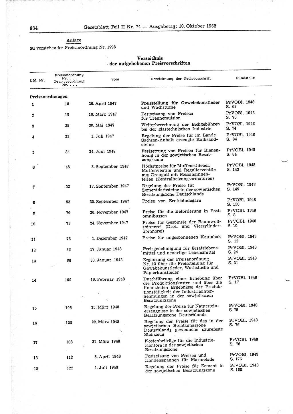 Gesetzblatt (GBl.) der Deutschen Demokratischen Republik (DDR) Teil ⅠⅠ 1962, Seite 664 (GBl. DDR ⅠⅠ 1962, S. 664)