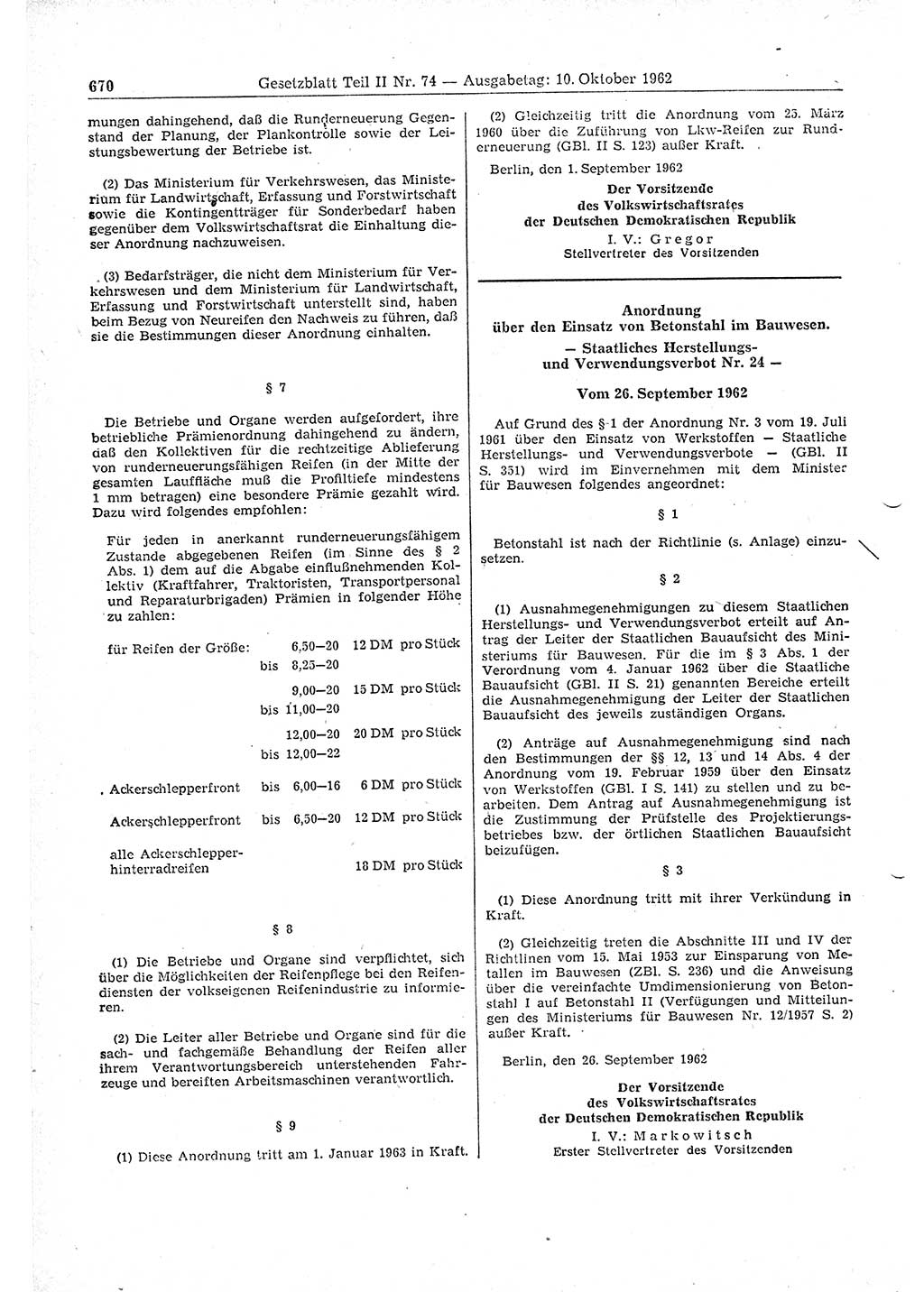 Gesetzblatt (GBl.) der Deutschen Demokratischen Republik (DDR) Teil ⅠⅠ 1962, Seite 670 (GBl. DDR ⅠⅠ 1962, S. 670)