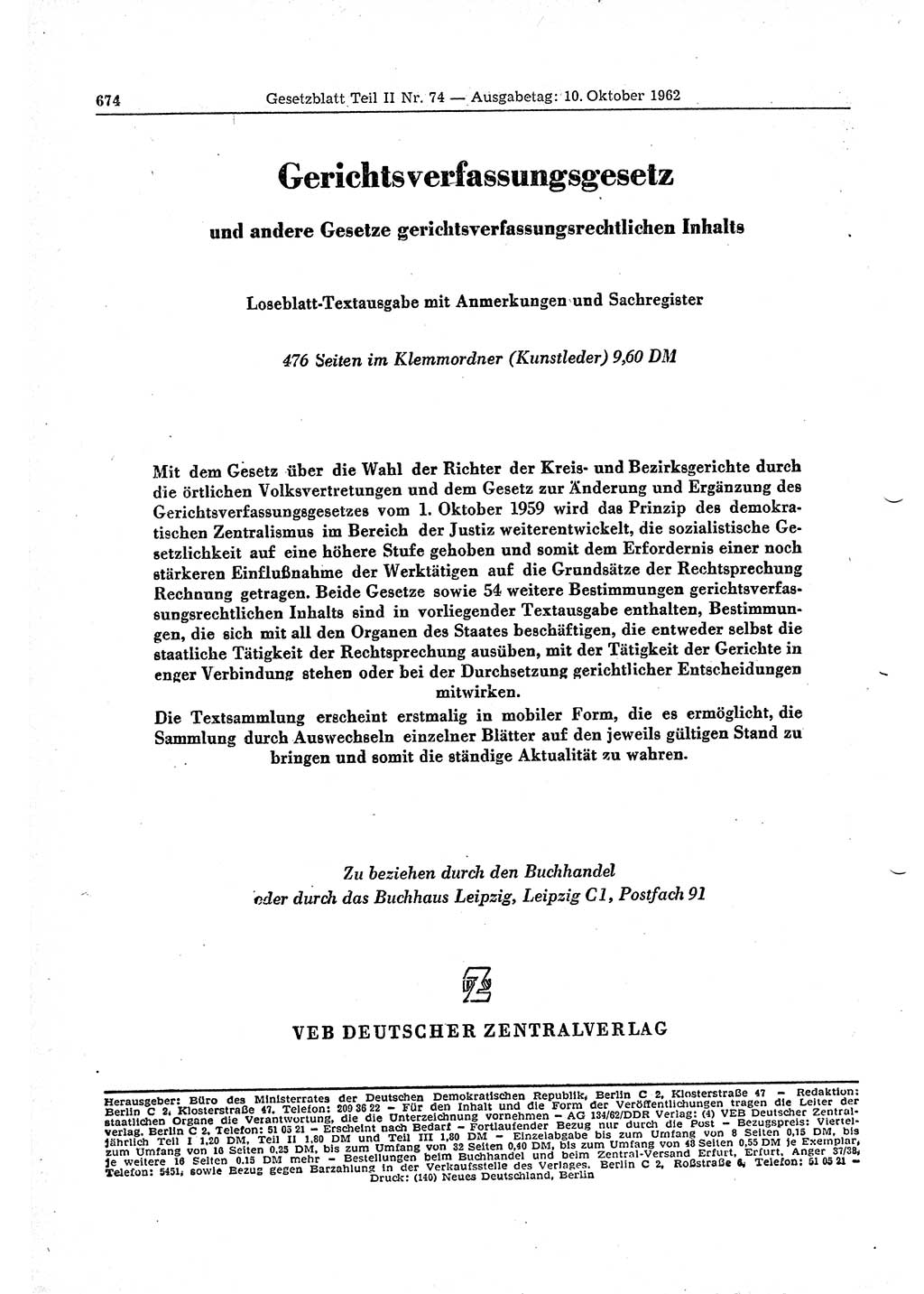 Gesetzblatt (GBl.) der Deutschen Demokratischen Republik (DDR) Teil ⅠⅠ 1962, Seite 674 (GBl. DDR ⅠⅠ 1962, S. 674)