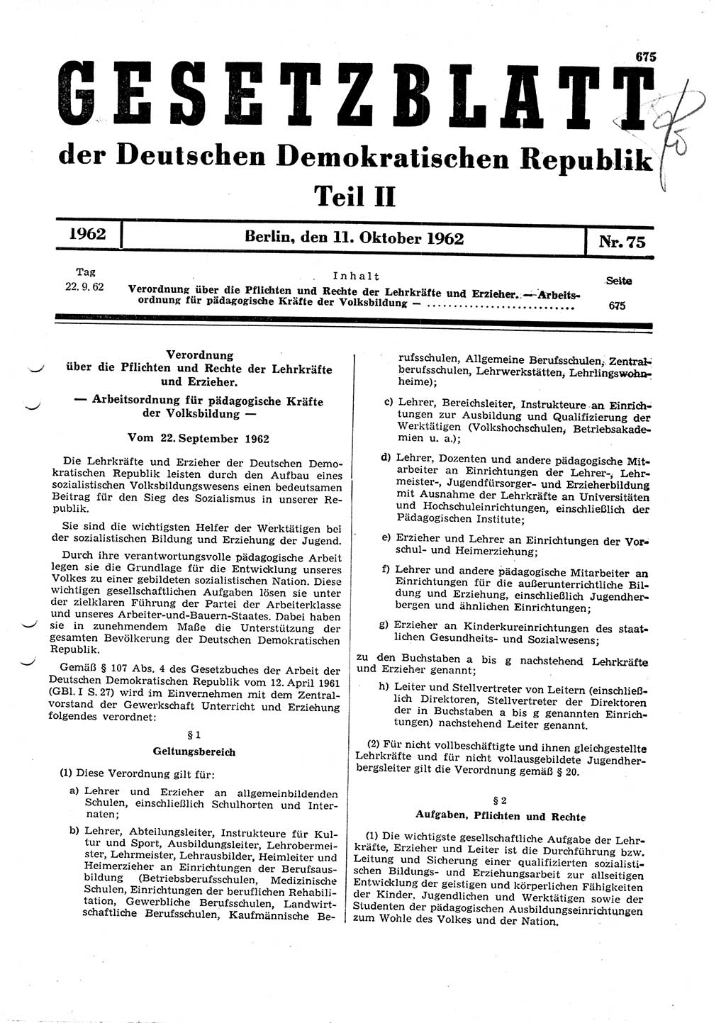 Gesetzblatt (GBl.) der Deutschen Demokratischen Republik (DDR) Teil ⅠⅠ 1962, Seite 675 (GBl. DDR ⅠⅠ 1962, S. 675)