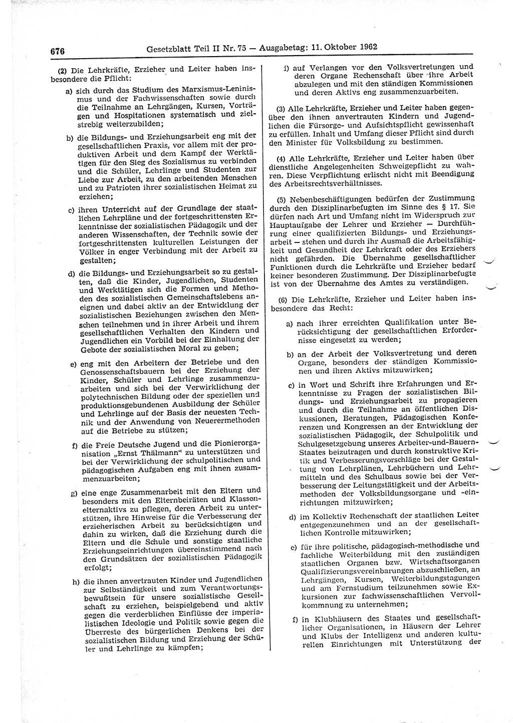 Gesetzblatt (GBl.) der Deutschen Demokratischen Republik (DDR) Teil ⅠⅠ 1962, Seite 676 (GBl. DDR ⅠⅠ 1962, S. 676)