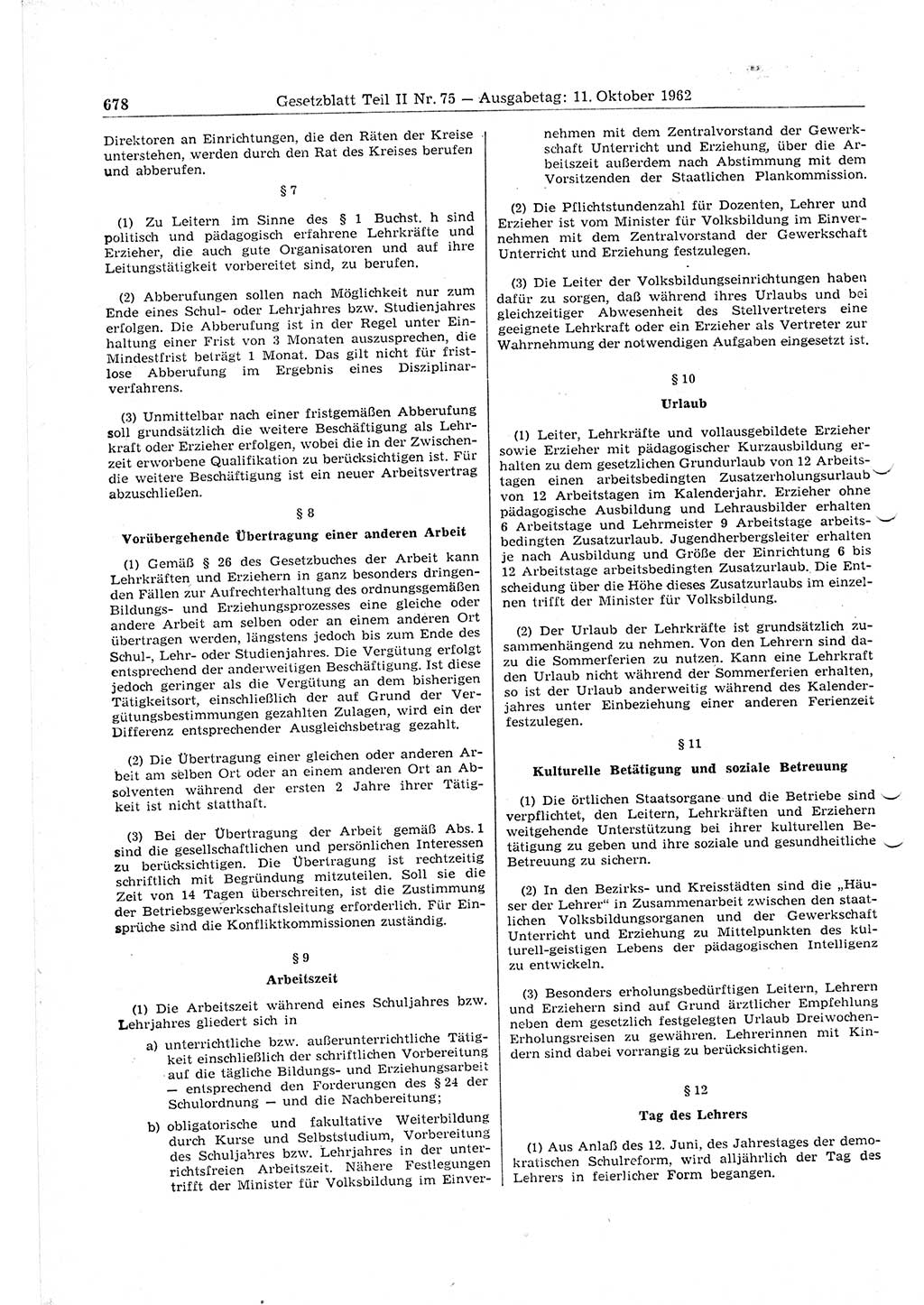 Gesetzblatt (GBl.) der Deutschen Demokratischen Republik (DDR) Teil ⅠⅠ 1962, Seite 678 (GBl. DDR ⅠⅠ 1962, S. 678)