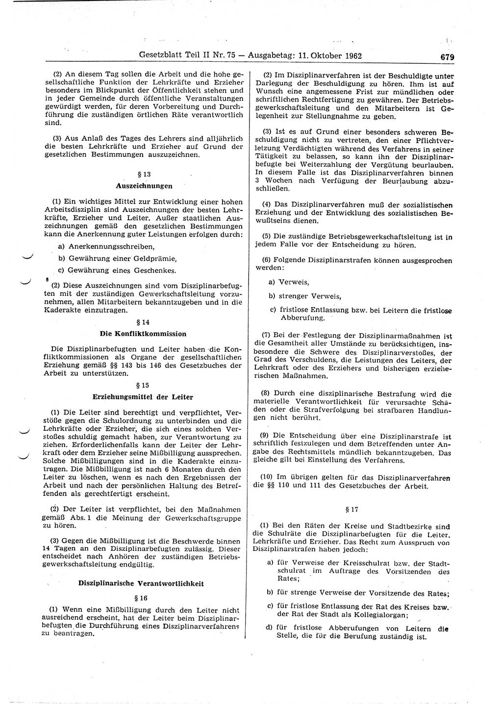 Gesetzblatt (GBl.) der Deutschen Demokratischen Republik (DDR) Teil ⅠⅠ 1962, Seite 679 (GBl. DDR ⅠⅠ 1962, S. 679)