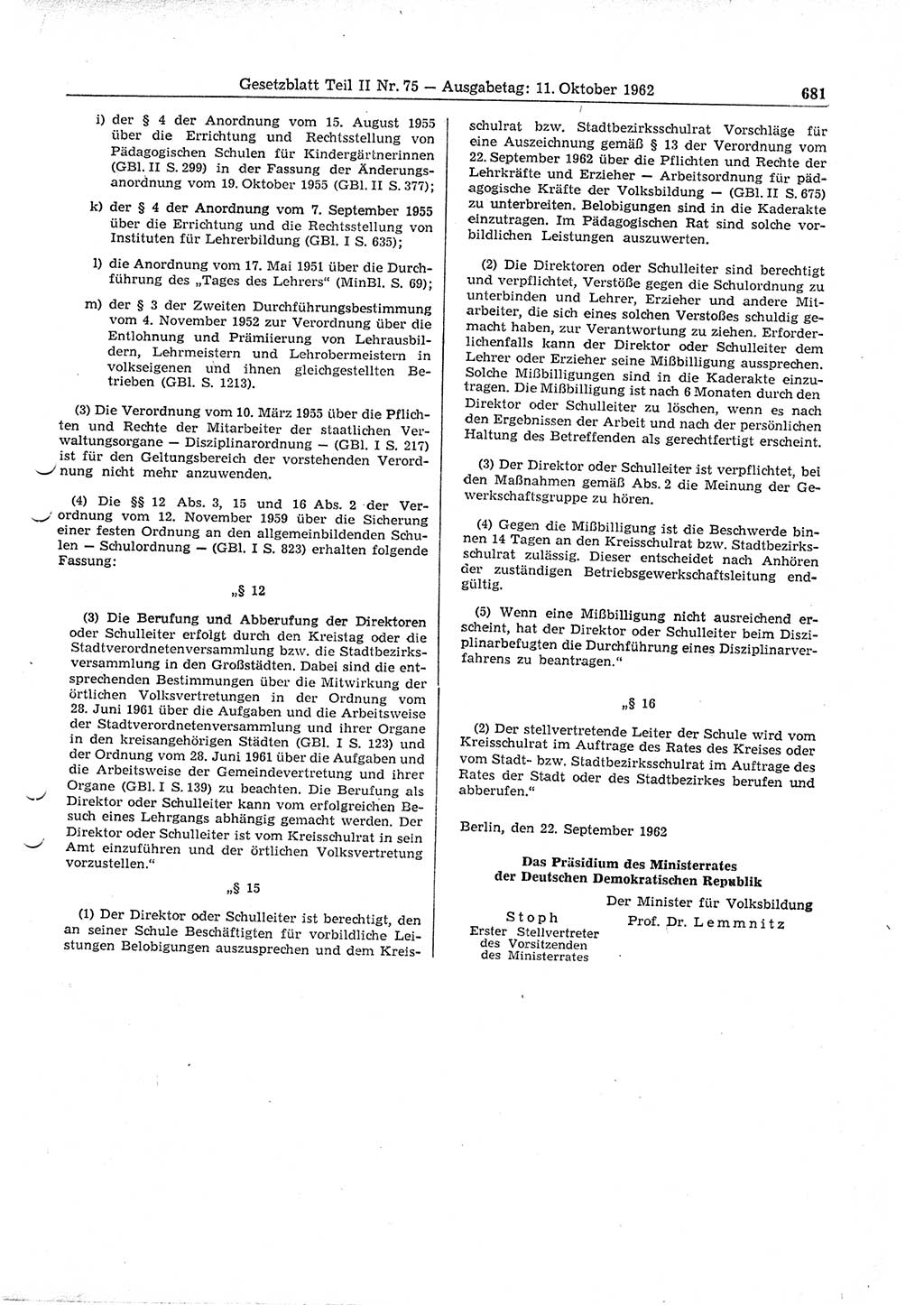 Gesetzblatt (GBl.) der Deutschen Demokratischen Republik (DDR) Teil ⅠⅠ 1962, Seite 681 (GBl. DDR ⅠⅠ 1962, S. 681)