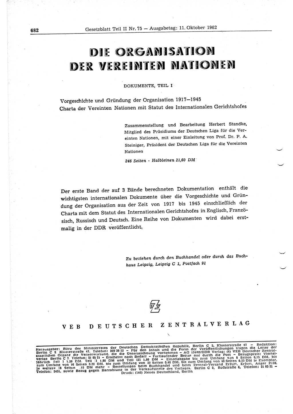 Gesetzblatt (GBl.) der Deutschen Demokratischen Republik (DDR) Teil ⅠⅠ 1962, Seite 682 (GBl. DDR ⅠⅠ 1962, S. 682)