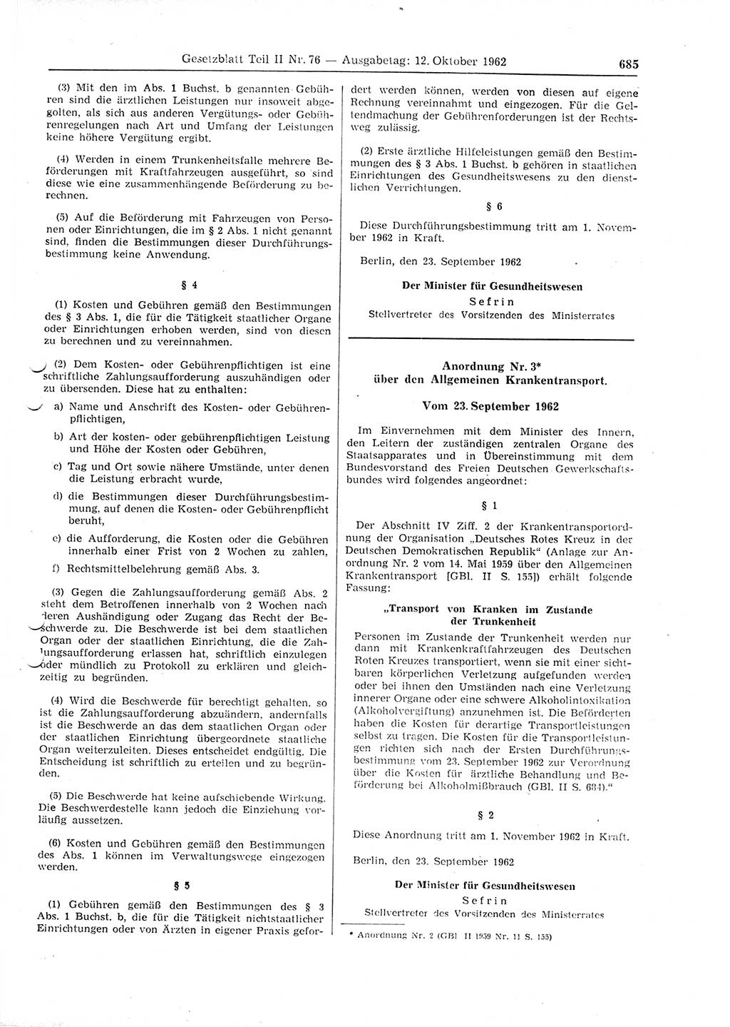 Gesetzblatt (GBl.) der Deutschen Demokratischen Republik (DDR) Teil ⅠⅠ 1962, Seite 685 (GBl. DDR ⅠⅠ 1962, S. 685)