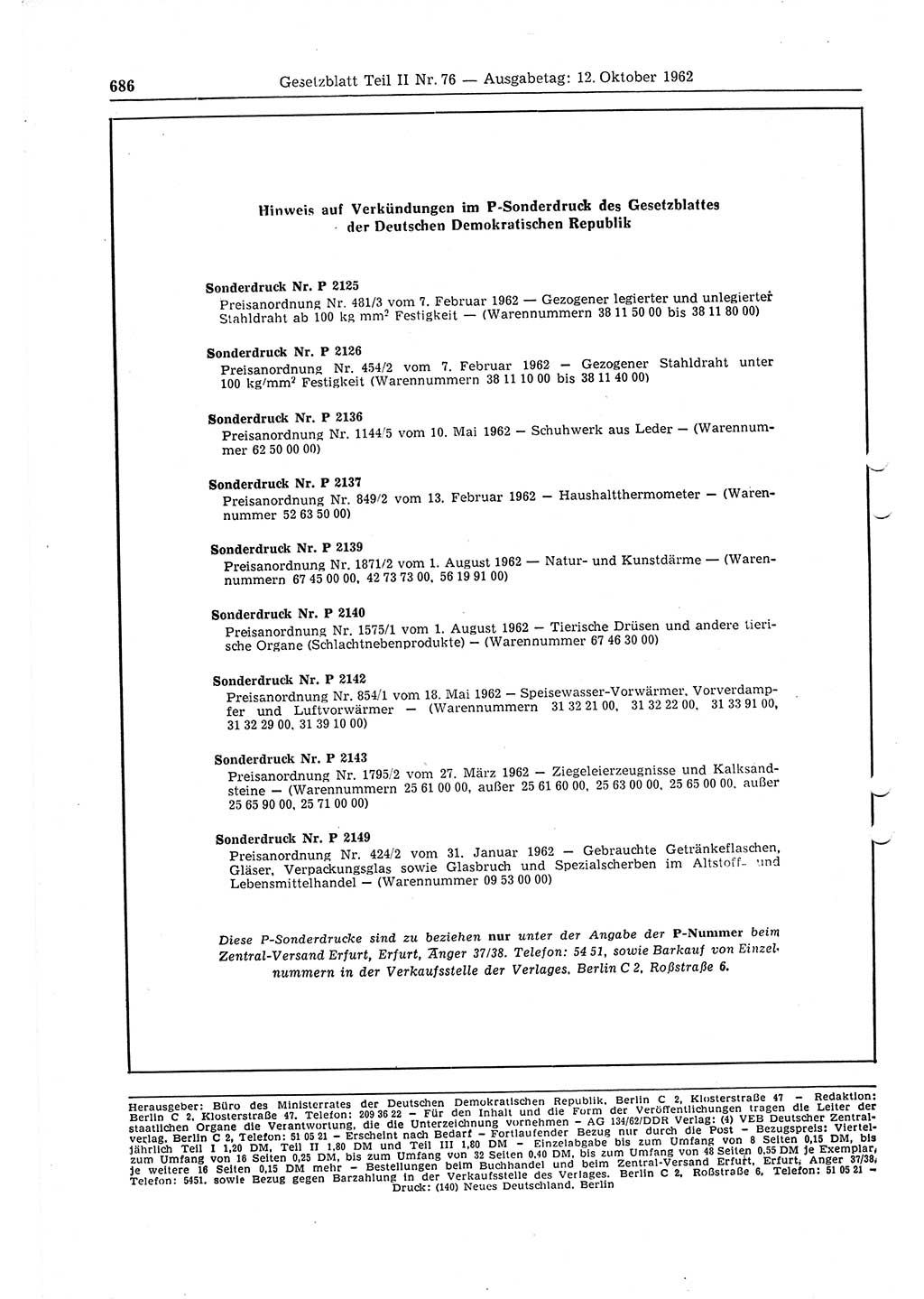 Gesetzblatt (GBl.) der Deutschen Demokratischen Republik (DDR) Teil â… â… 1962, Seite 686 (GBl. DDR â… â… 1962, S. 686)