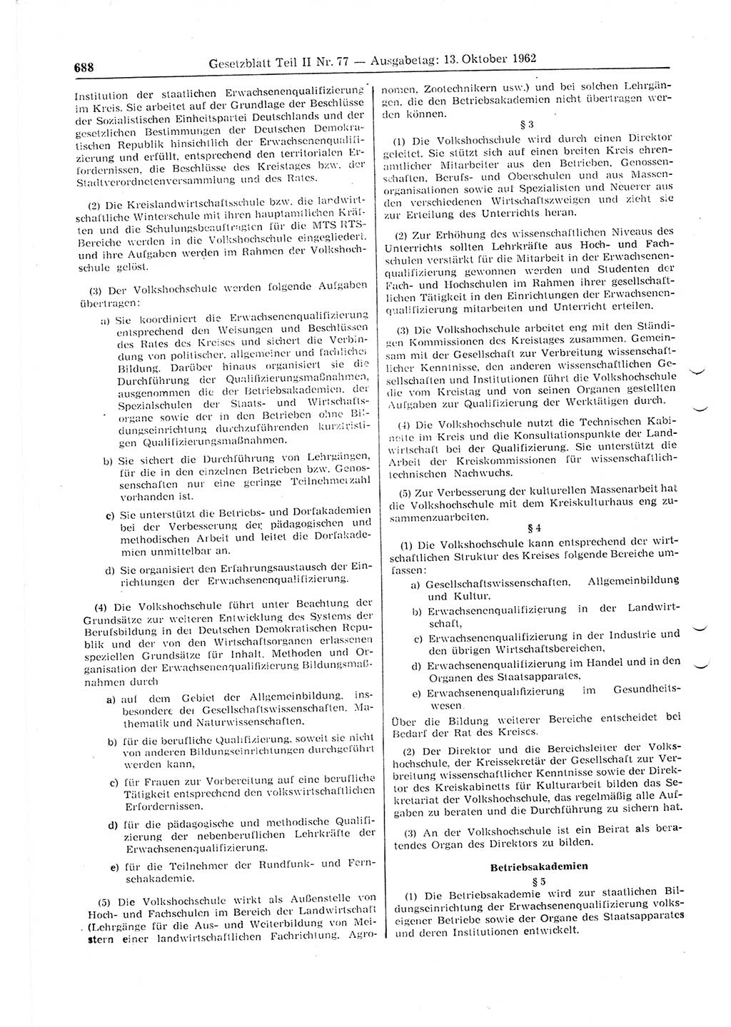 Gesetzblatt (GBl.) der Deutschen Demokratischen Republik (DDR) Teil ⅠⅠ 1962, Seite 688 (GBl. DDR ⅠⅠ 1962, S. 688)