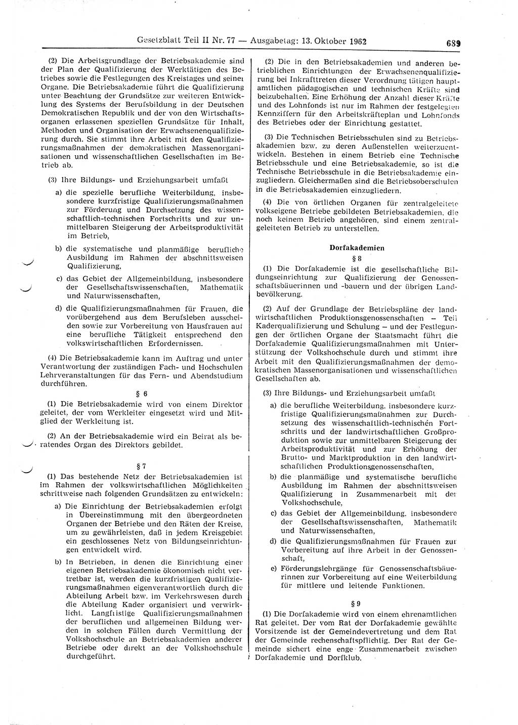 Gesetzblatt (GBl.) der Deutschen Demokratischen Republik (DDR) Teil ⅠⅠ 1962, Seite 689 (GBl. DDR ⅠⅠ 1962, S. 689)