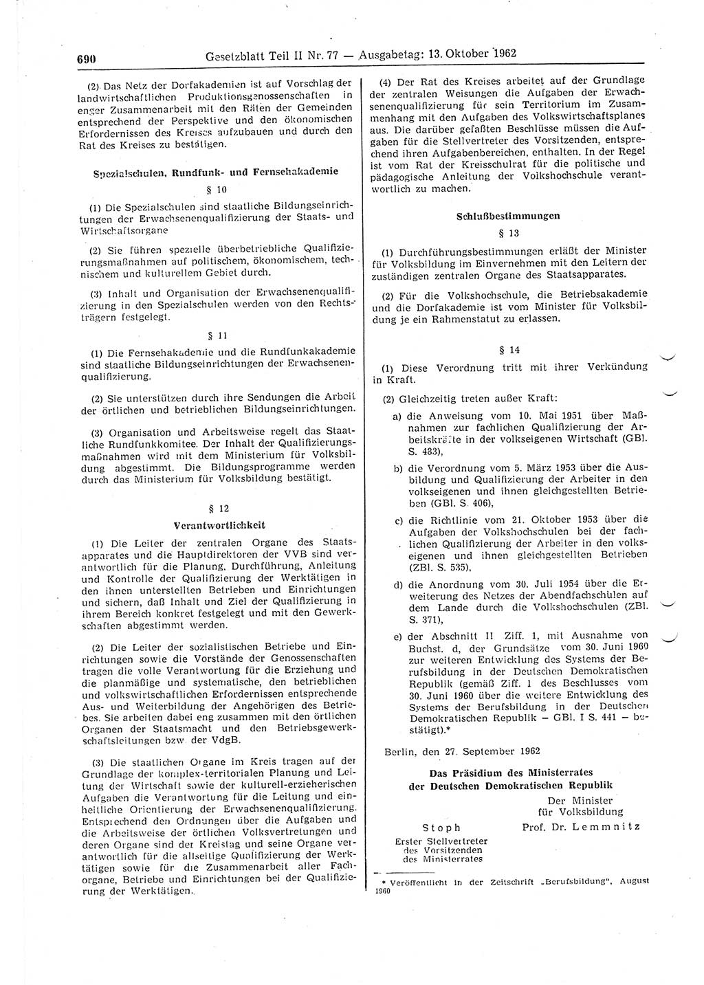 Gesetzblatt (GBl.) der Deutschen Demokratischen Republik (DDR) Teil ⅠⅠ 1962, Seite 690 (GBl. DDR ⅠⅠ 1962, S. 690)