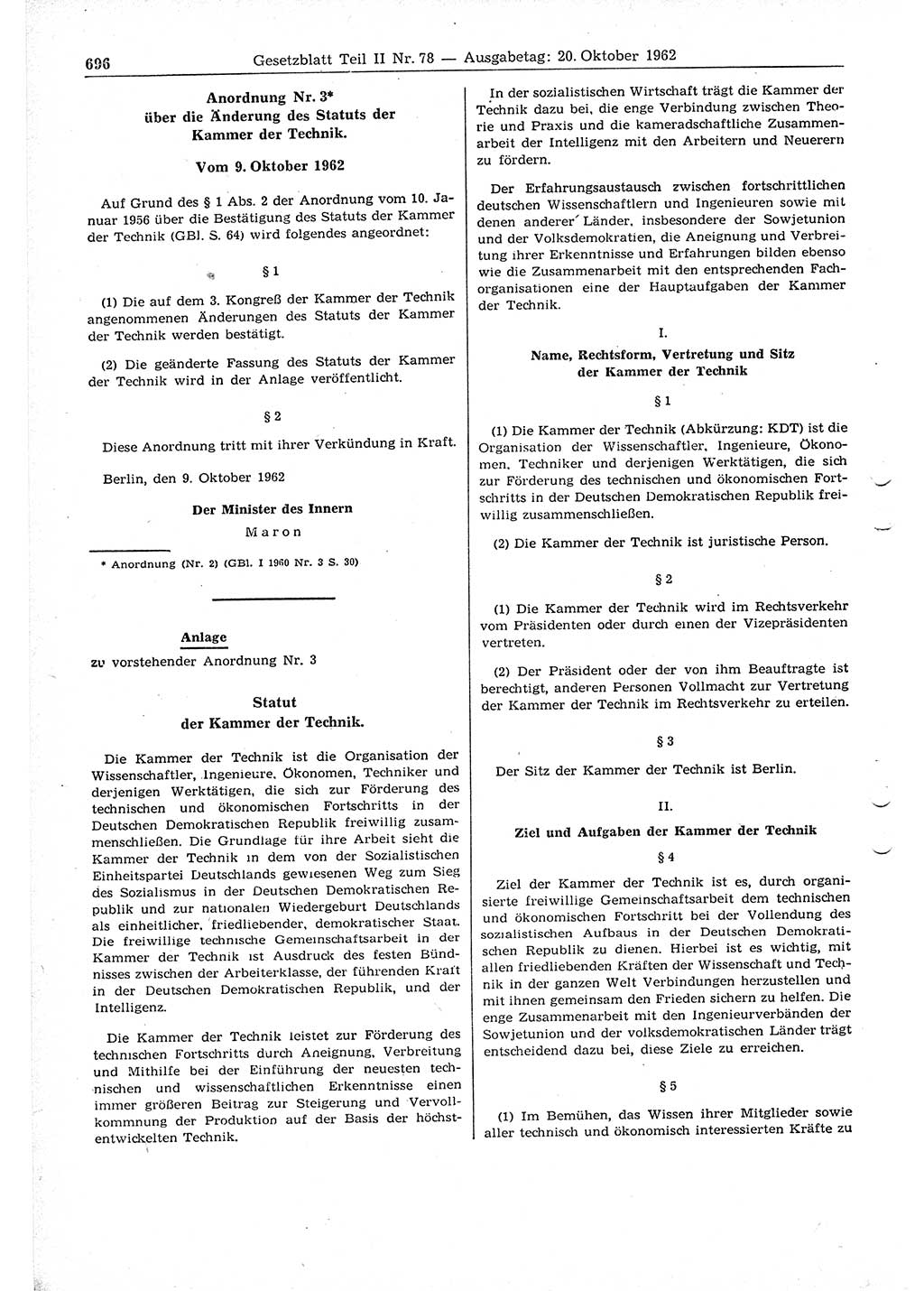 Gesetzblatt (GBl.) der Deutschen Demokratischen Republik (DDR) Teil ⅠⅠ 1962, Seite 696 (GBl. DDR ⅠⅠ 1962, S. 696)