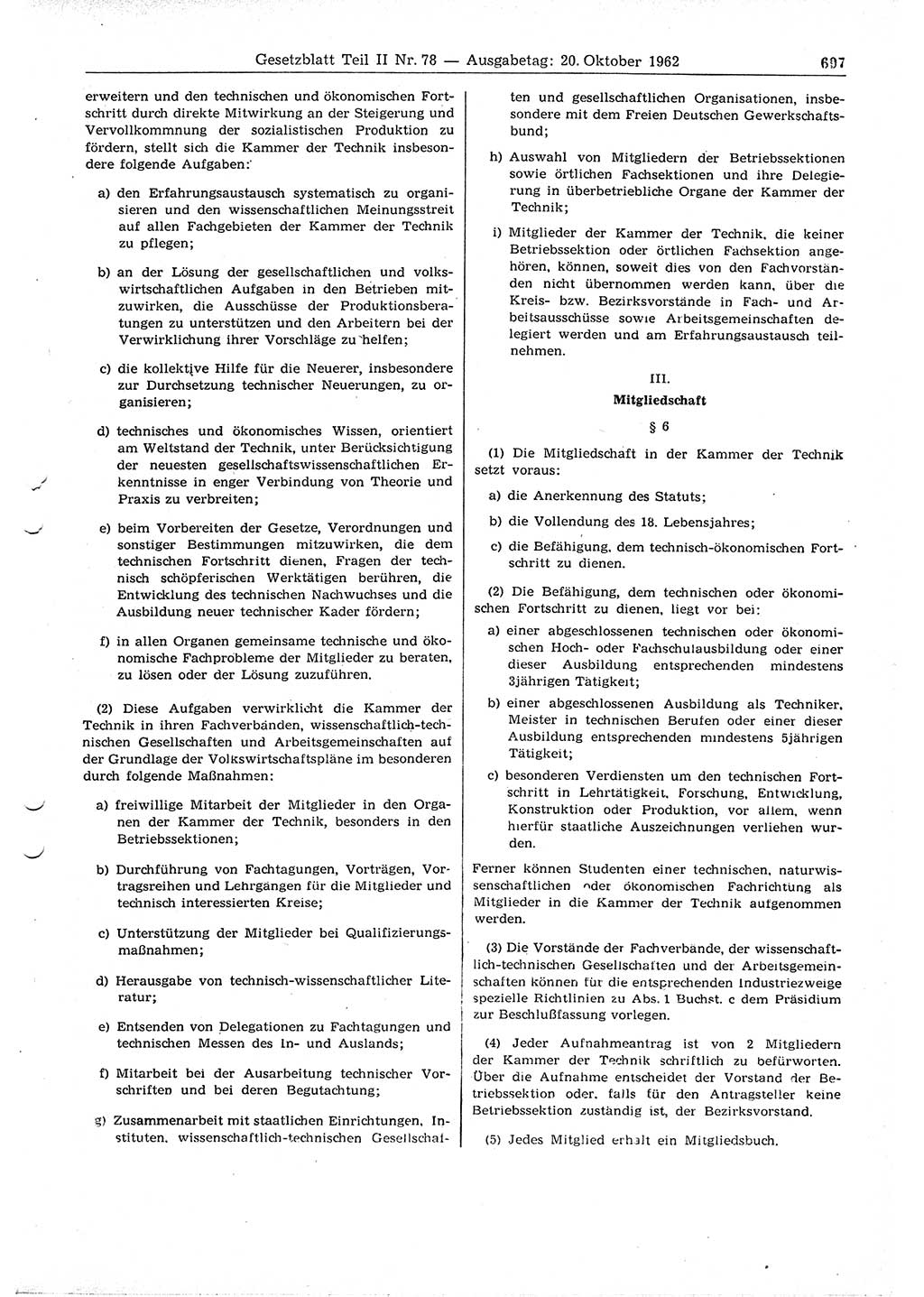 Gesetzblatt (GBl.) der Deutschen Demokratischen Republik (DDR) Teil ⅠⅠ 1962, Seite 697 (GBl. DDR ⅠⅠ 1962, S. 697)