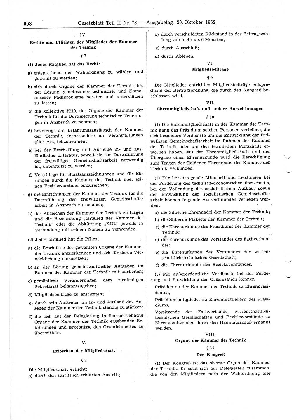 Gesetzblatt (GBl.) der Deutschen Demokratischen Republik (DDR) Teil ⅠⅠ 1962, Seite 698 (GBl. DDR ⅠⅠ 1962, S. 698)