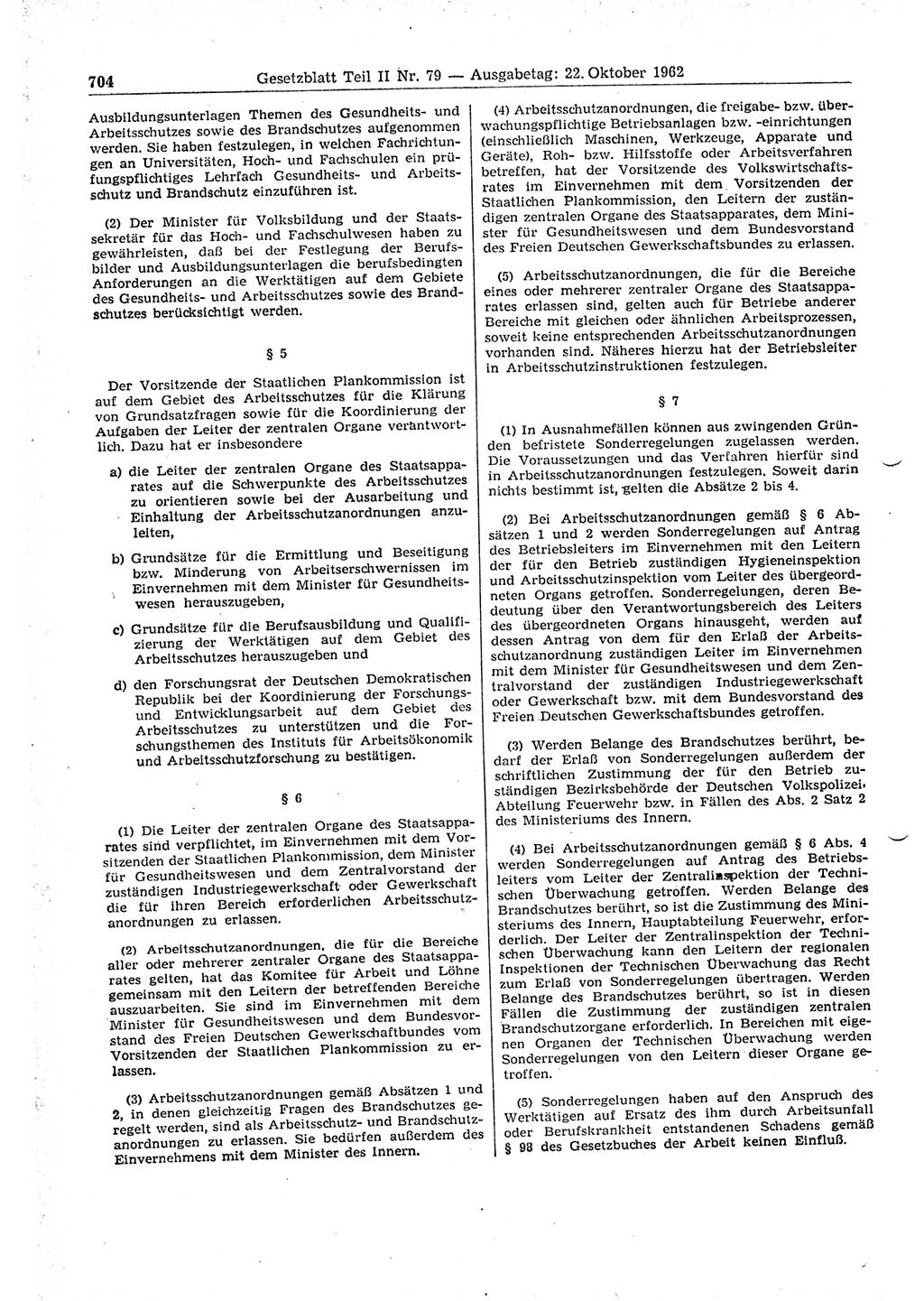 Gesetzblatt (GBl.) der Deutschen Demokratischen Republik (DDR) Teil ⅠⅠ 1962, Seite 704 (GBl. DDR ⅠⅠ 1962, S. 704)