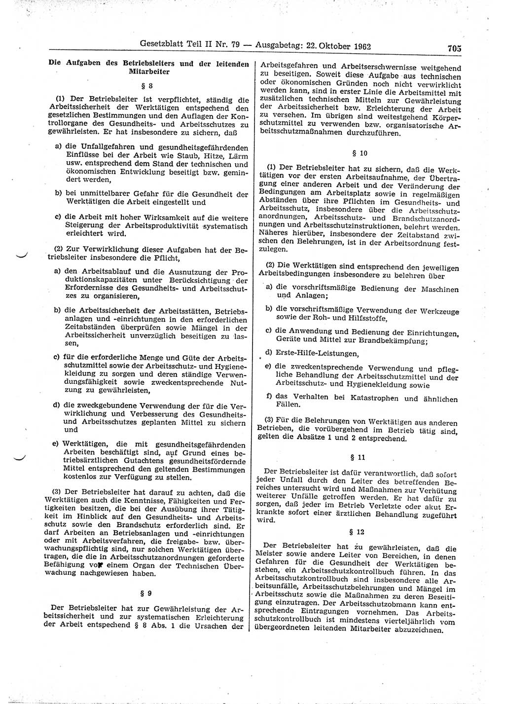 Gesetzblatt (GBl.) der Deutschen Demokratischen Republik (DDR) Teil ⅠⅠ 1962, Seite 705 (GBl. DDR ⅠⅠ 1962, S. 705)