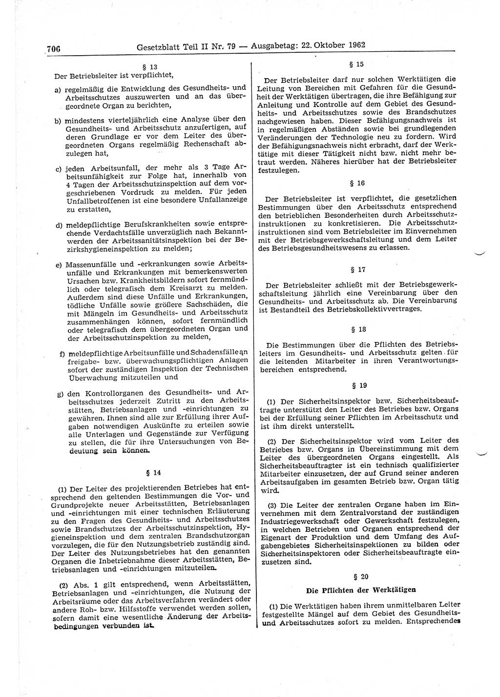 Gesetzblatt (GBl.) der Deutschen Demokratischen Republik (DDR) Teil ⅠⅠ 1962, Seite 706 (GBl. DDR ⅠⅠ 1962, S. 706)