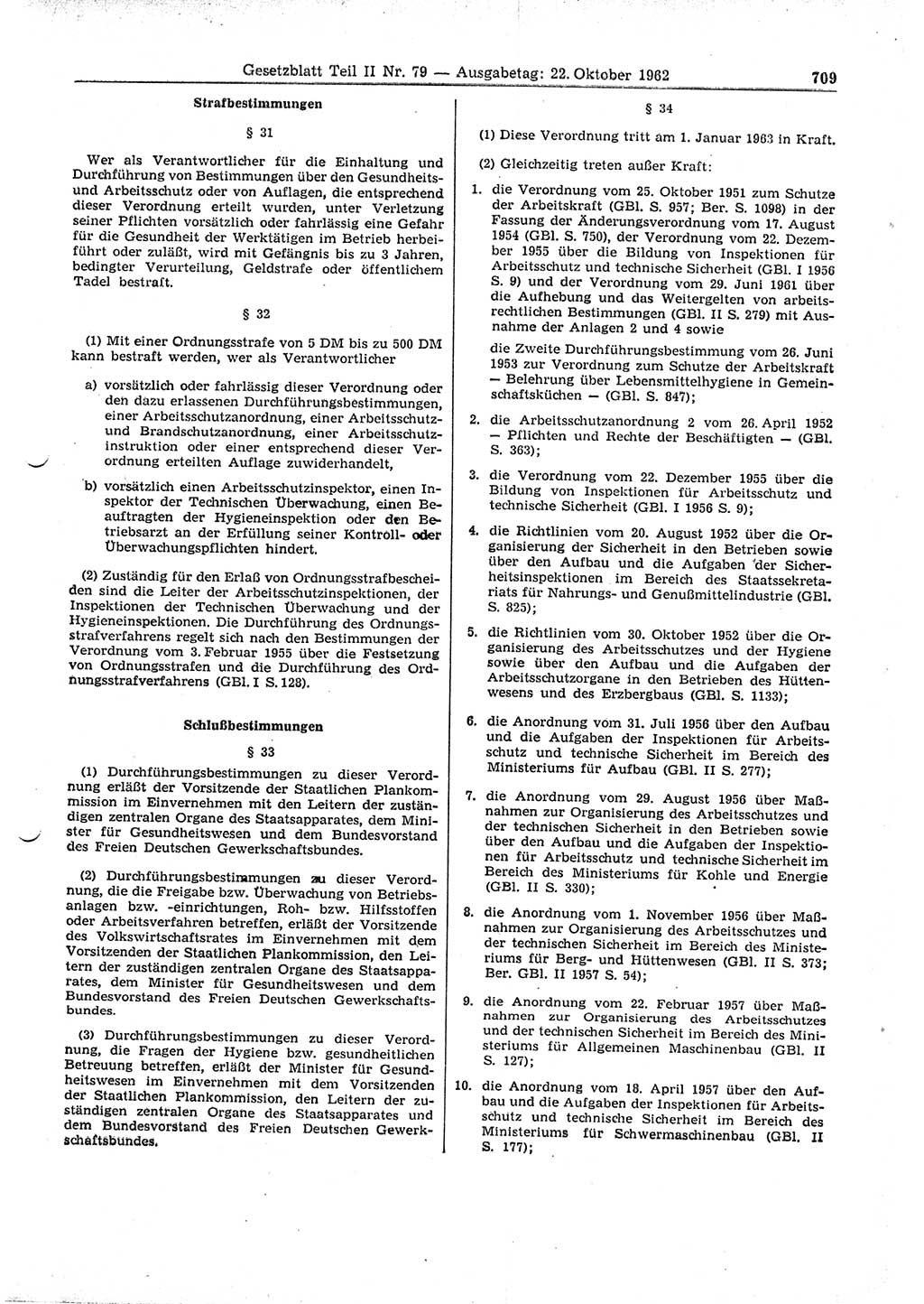 Gesetzblatt (GBl.) der Deutschen Demokratischen Republik (DDR) Teil ⅠⅠ 1962, Seite 709 (GBl. DDR ⅠⅠ 1962, S. 709)