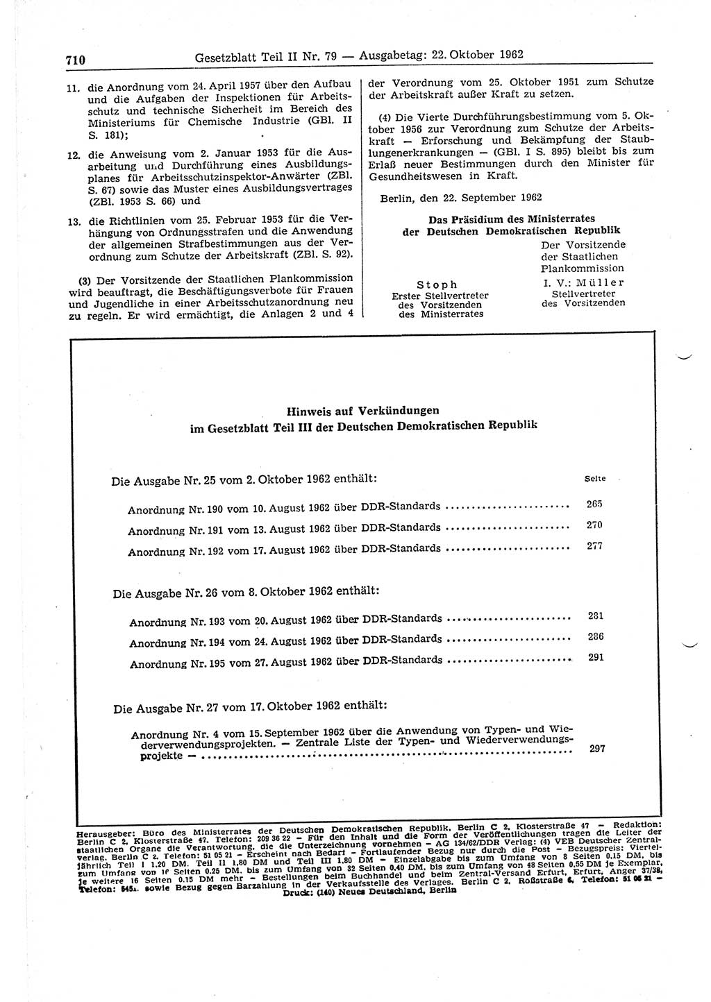 Gesetzblatt (GBl.) der Deutschen Demokratischen Republik (DDR) Teil ⅠⅠ 1962, Seite 710 (GBl. DDR ⅠⅠ 1962, S. 710)