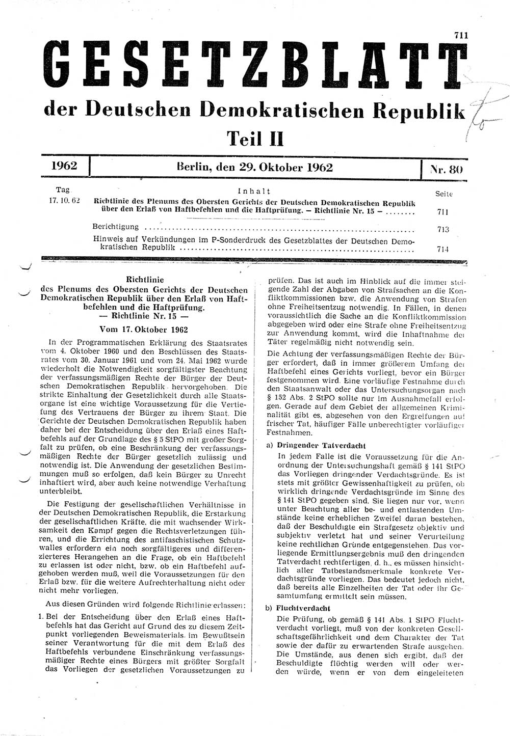 Gesetzblatt (GBl.) der Deutschen Demokratischen Republik (DDR) Teil ⅠⅠ 1962, Seite 711 (GBl. DDR ⅠⅠ 1962, S. 711)
