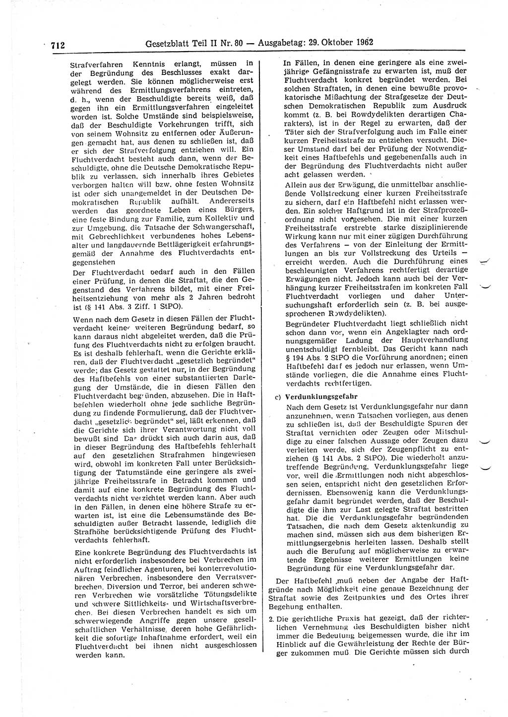 Gesetzblatt (GBl.) der Deutschen Demokratischen Republik (DDR) Teil ⅠⅠ 1962, Seite 712 (GBl. DDR ⅠⅠ 1962, S. 712)