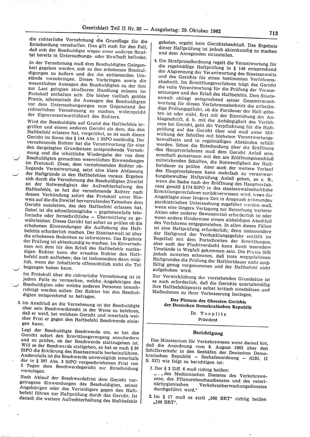 Gesetzblatt (GBl.) der Deutschen Demokratischen Republik (DDR) Teil ⅠⅠ 1962, Seite 713 (GBl. DDR ⅠⅠ 1962, S. 713)