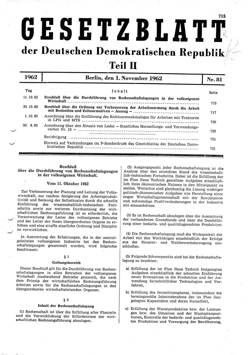 Gesetzblatt (GBl.) der Deutschen Demokratischen Republik (DDR) Teil ⅠⅠ 1962, Seite 715 (GBl. DDR ⅠⅠ 1962, S. 715)