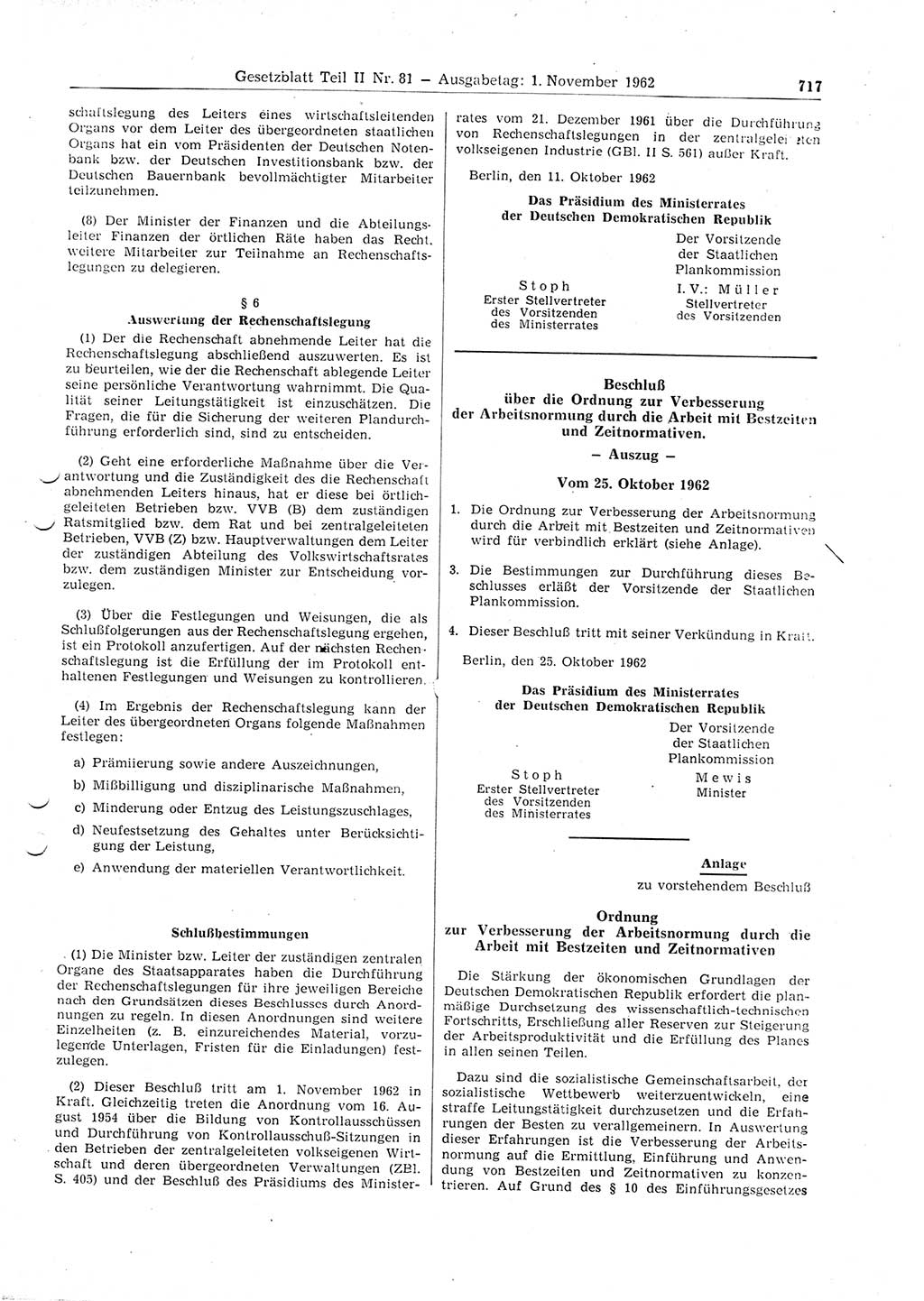 Gesetzblatt (GBl.) der Deutschen Demokratischen Republik (DDR) Teil ⅠⅠ 1962, Seite 717 (GBl. DDR ⅠⅠ 1962, S. 717)