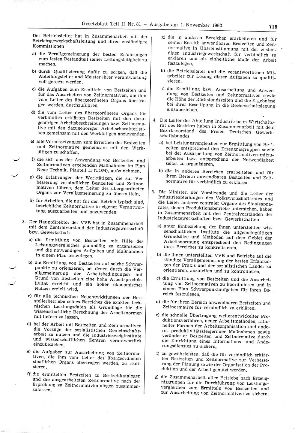 Gesetzblatt (GBl.) der Deutschen Demokratischen Republik (DDR) Teil ⅠⅠ 1962, Seite 719 (GBl. DDR ⅠⅠ 1962, S. 719)