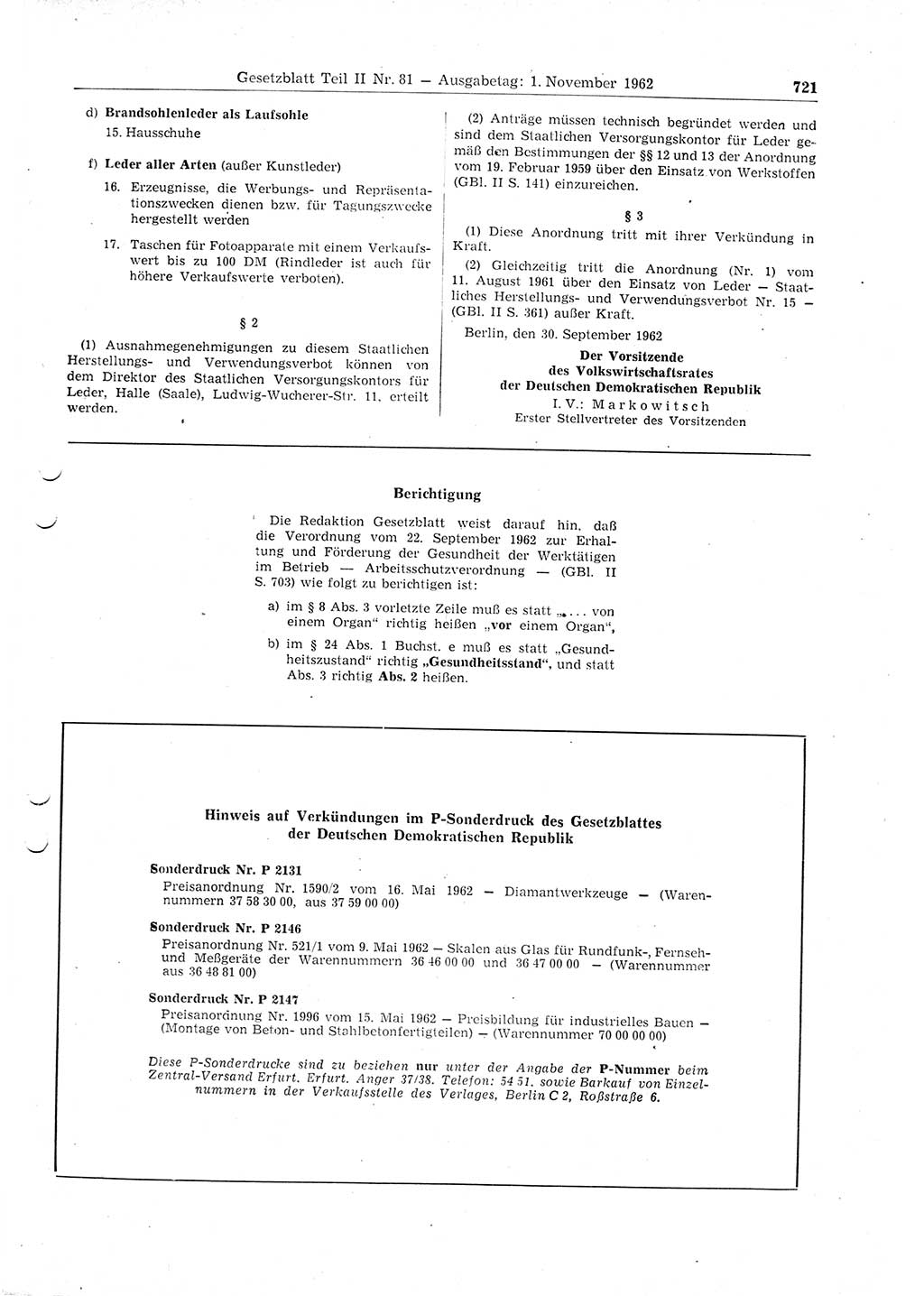 Gesetzblatt (GBl.) der Deutschen Demokratischen Republik (DDR) Teil ⅠⅠ 1962, Seite 721 (GBl. DDR ⅠⅠ 1962, S. 721)