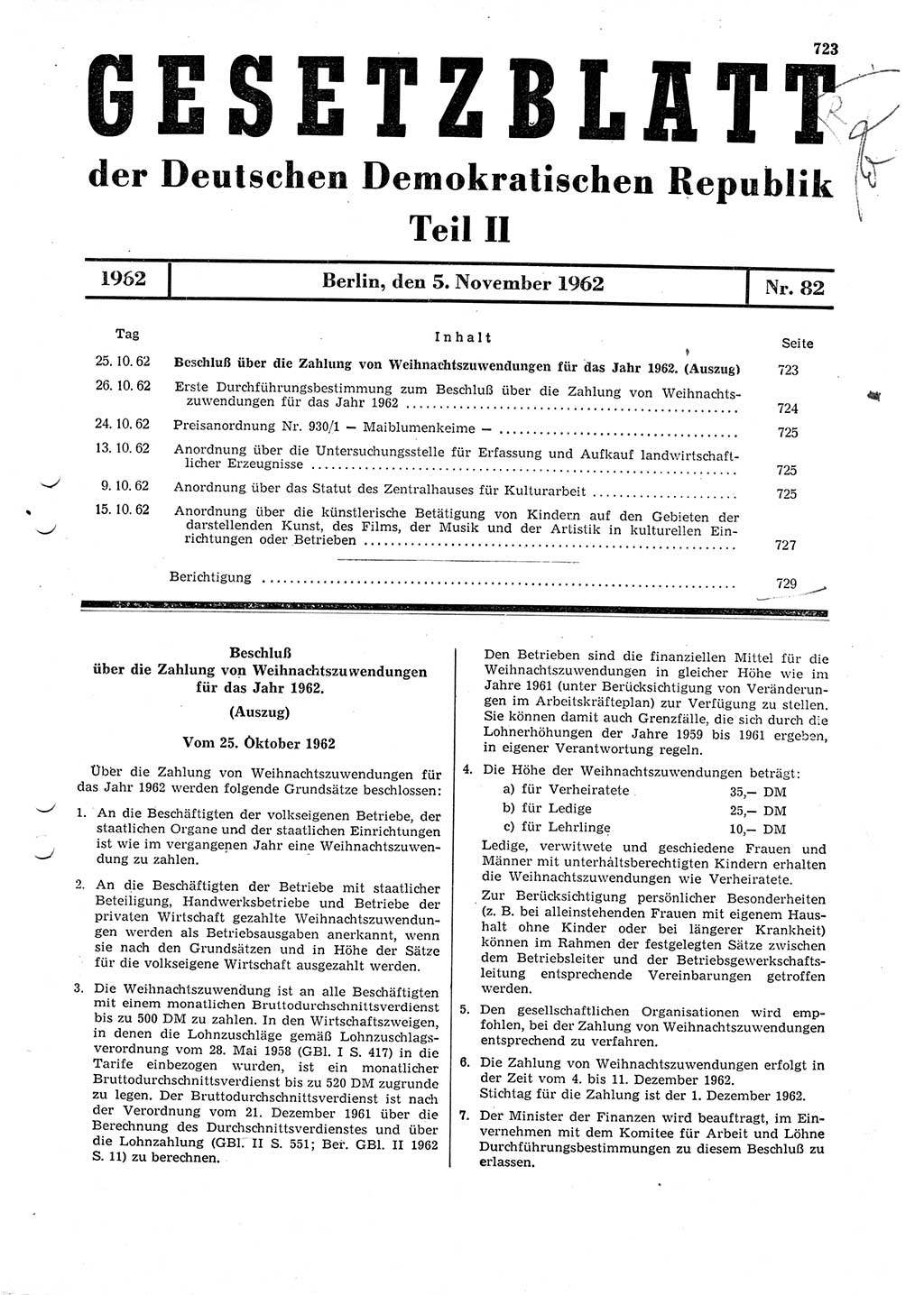 Gesetzblatt (GBl.) der Deutschen Demokratischen Republik (DDR) Teil ⅠⅠ 1962, Seite 723 (GBl. DDR ⅠⅠ 1962, S. 723)