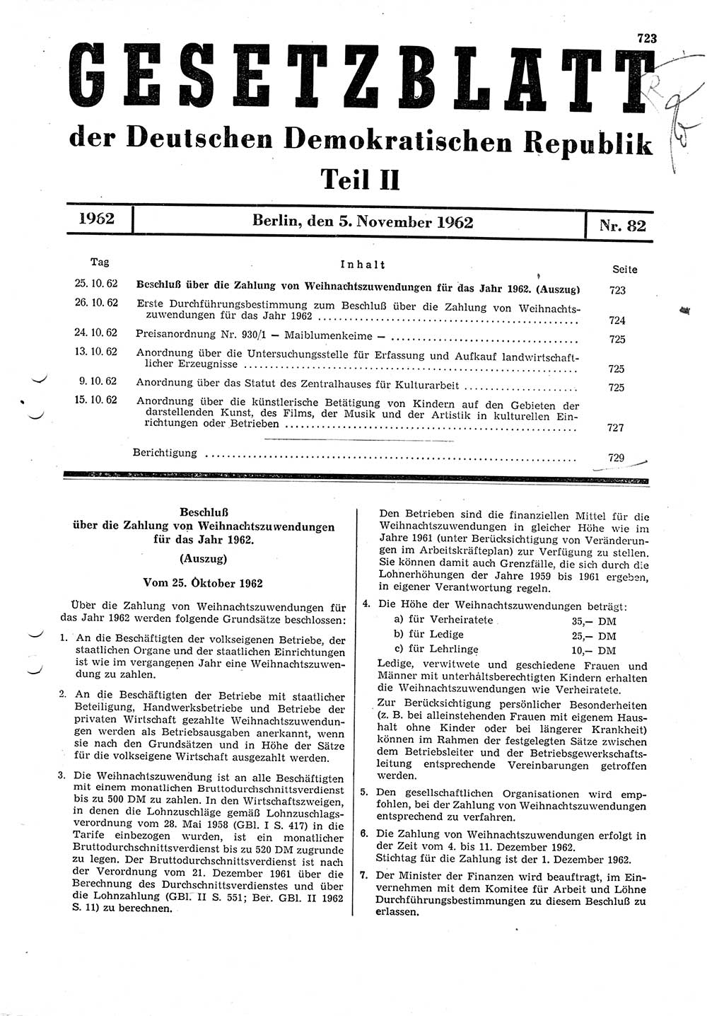 Gesetzblatt (GBl.) der Deutschen Demokratischen Republik (DDR) Teil ⅠⅠ 1962, Seite 723 (GBl. DDR ⅠⅠ 1962, S. 723)