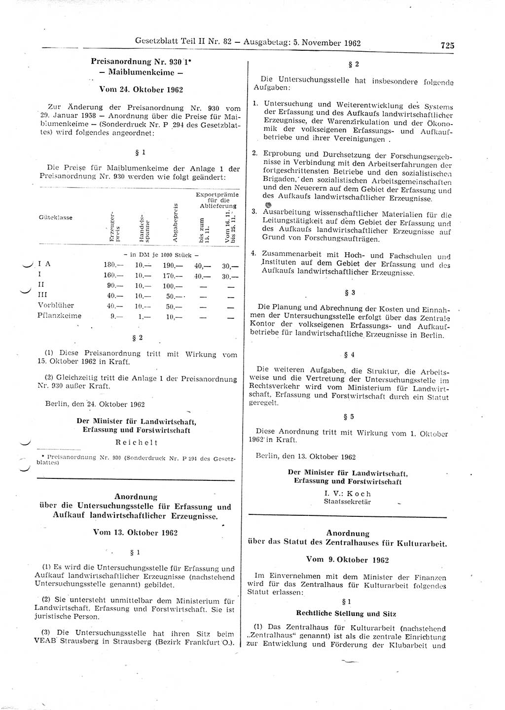 Gesetzblatt (GBl.) der Deutschen Demokratischen Republik (DDR) Teil ⅠⅠ 1962, Seite 725 (GBl. DDR ⅠⅠ 1962, S. 725)
