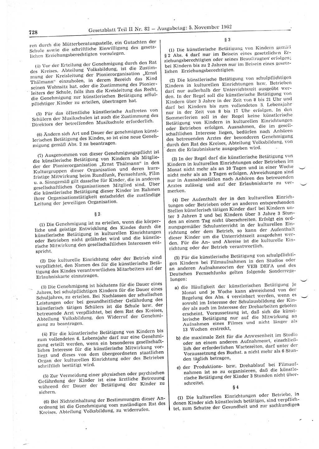 Gesetzblatt (GBl.) der Deutschen Demokratischen Republik (DDR) Teil ⅠⅠ 1962, Seite 728 (GBl. DDR ⅠⅠ 1962, S. 728)