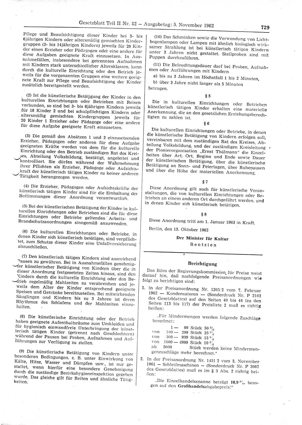 Gesetzblatt (GBl.) der Deutschen Demokratischen Republik (DDR) Teil ⅠⅠ 1962, Seite 729 (GBl. DDR ⅠⅠ 1962, S. 729)