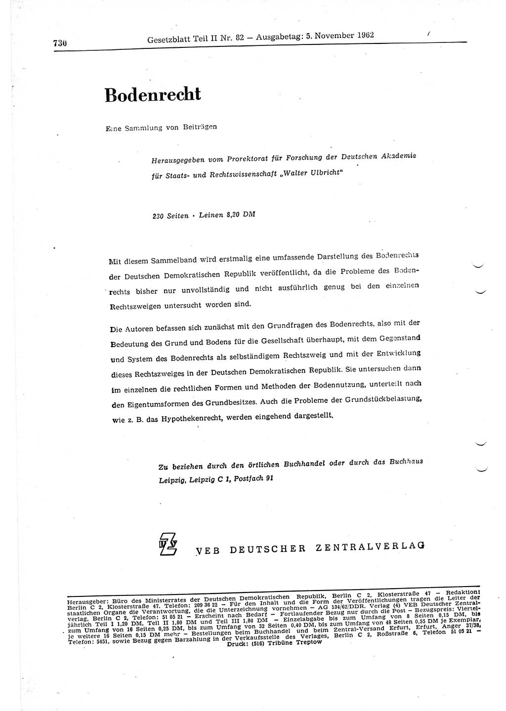 Gesetzblatt (GBl.) der Deutschen Demokratischen Republik (DDR) Teil ⅠⅠ 1962, Seite 730 (GBl. DDR ⅠⅠ 1962, S. 730)